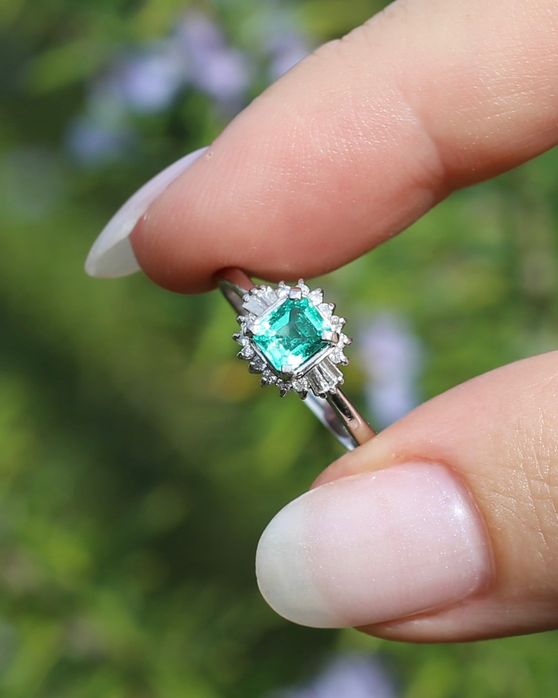 Natural Square Step Cut Emerald and Diamond Baguette Ballerina Skirt, Platinum Ring, size O or 7.25