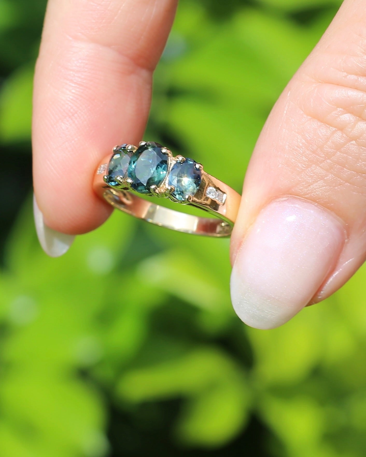 2.1ct Parti Sapphire Trilogy with Channel Set Diamonds, in Vintage 9ct Yellow Gold Ring, size O or 7.25