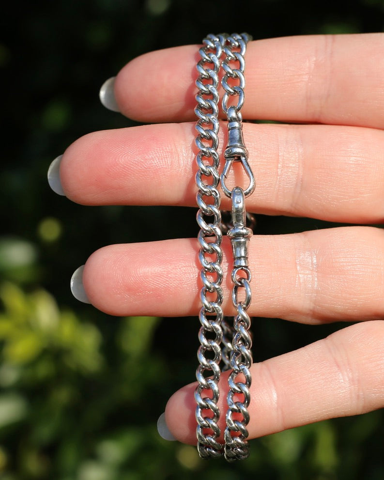 Antique 1913-1914 Birmingham Made Curb Link Watch Chain, Double Albert Clasp, Sterling Silver, 41.5cm
