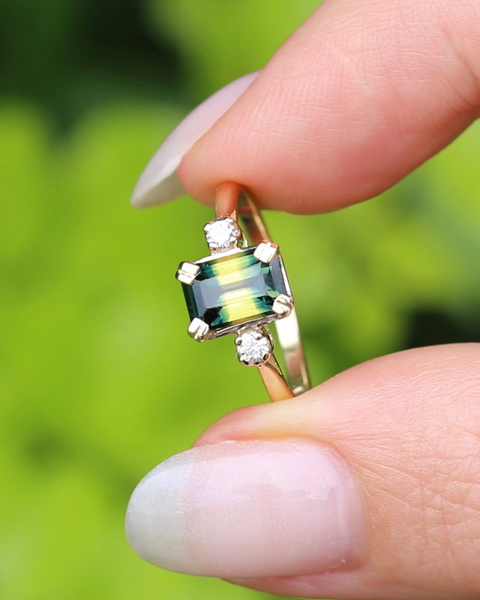 Vintage 1.5ct Emerald Cut Parti Sapphire and Diamond trilogy, 9ct Yellow Gold, size N or 6.75