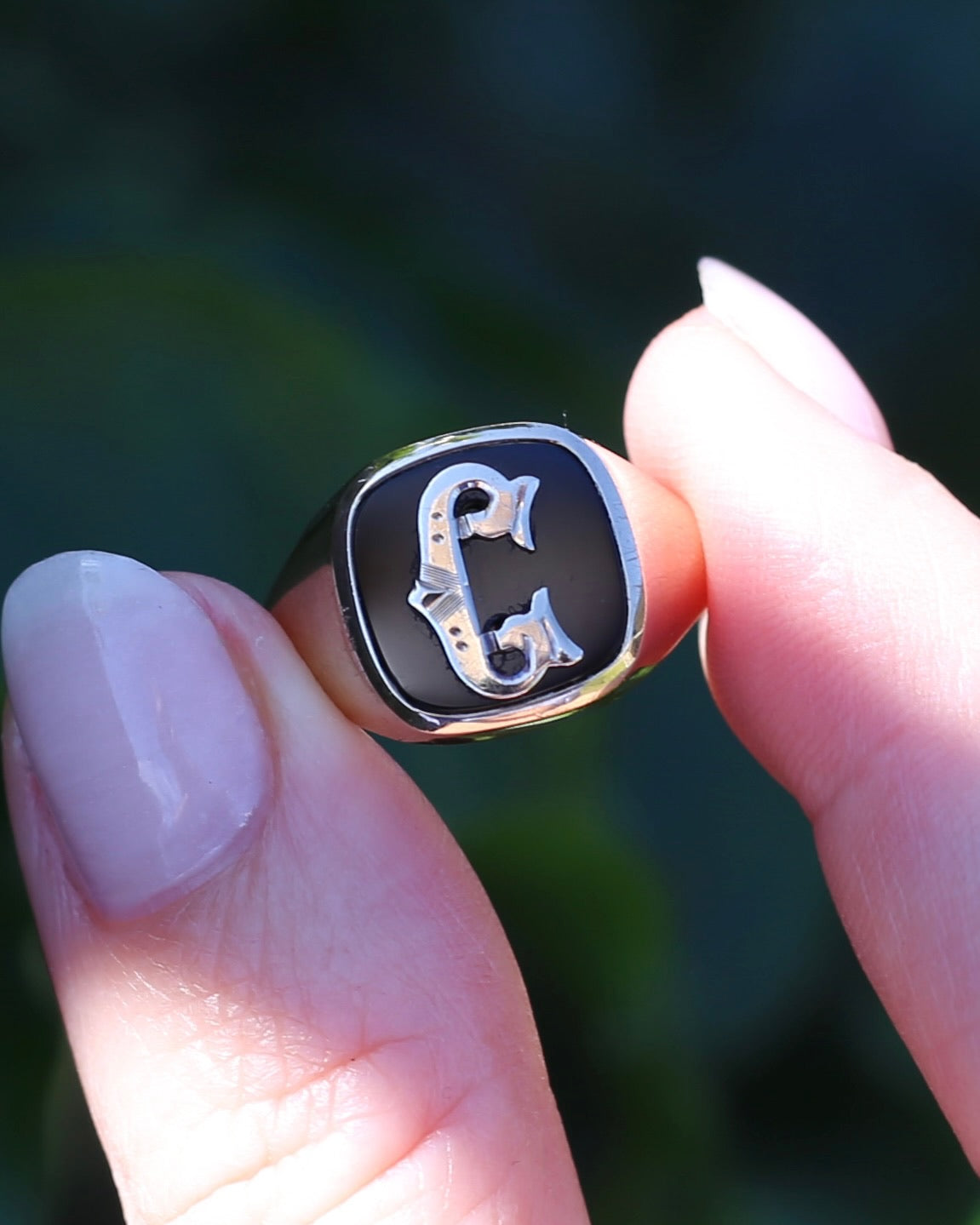 Vintage "C" Onyx Signet Ring, Bezel Set, Older Rosey Gold, size 9.5 or T