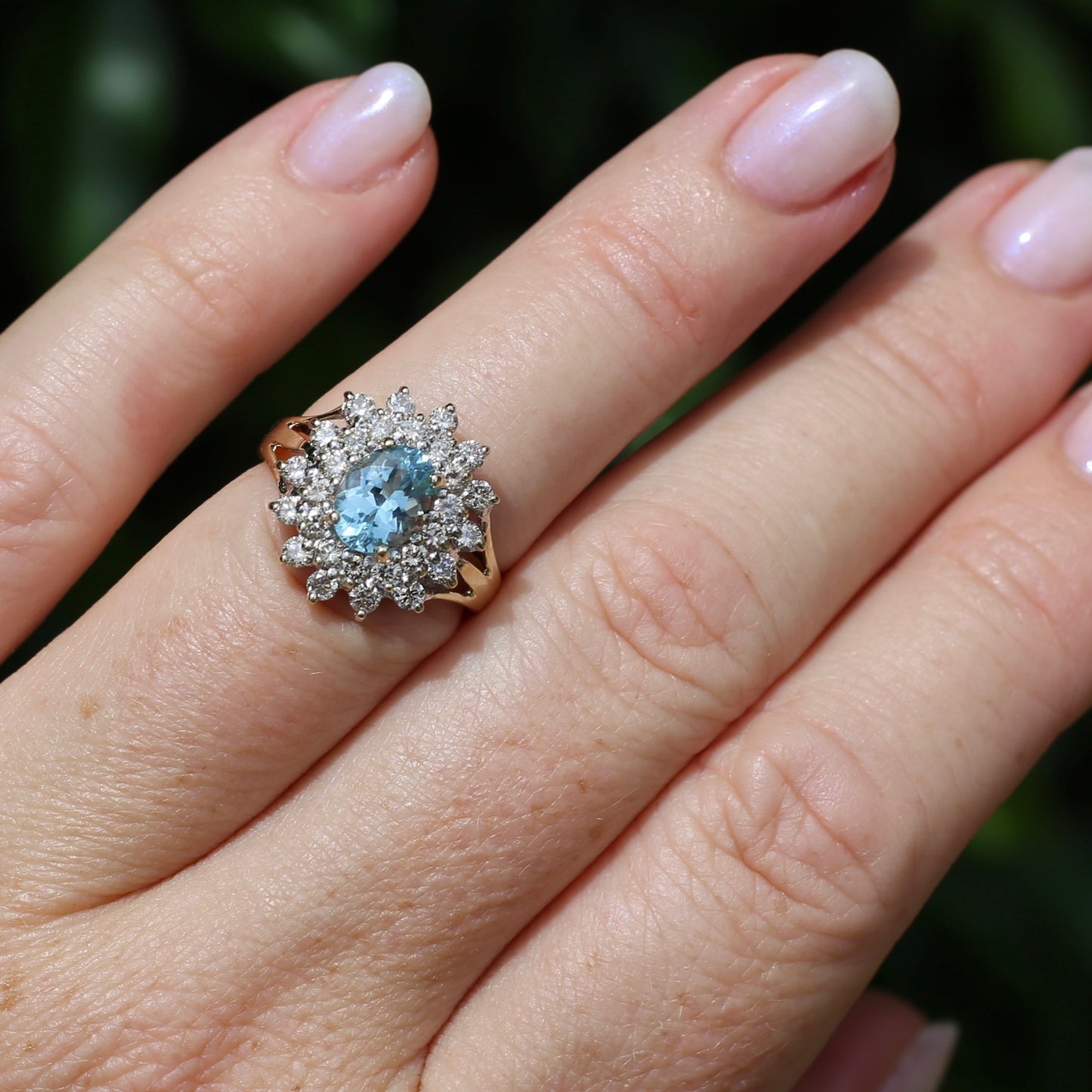1.1ct Oval Aquamarine and Double Diamond Halo (0.88ct), 9ct White and Yellow Gold, size 6.25 or M