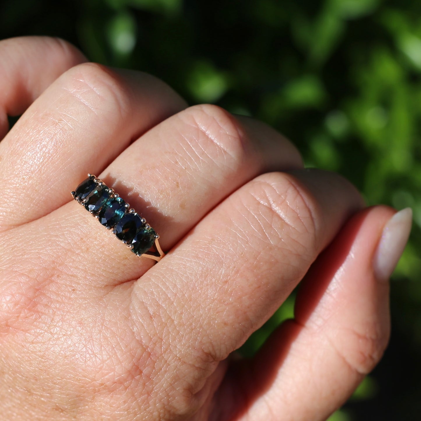 3 Carat Five Stone Parti Sapphire Ring, 9ct Yellow Gold, size R1/2 or nearly 9, with valuation