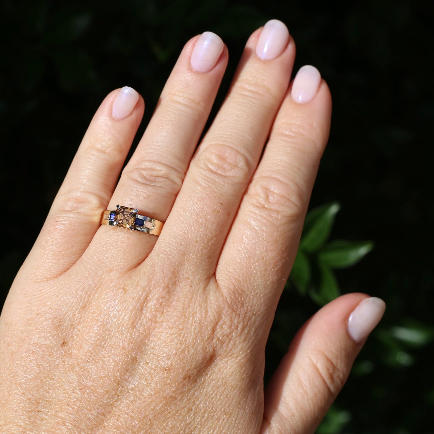 1.74ct Asscher Cut Cognac Zircon with Baguette Synthetic Sapphires in Mixed White and Yellow Gold 9ct Ring, size 8.75 or just over R