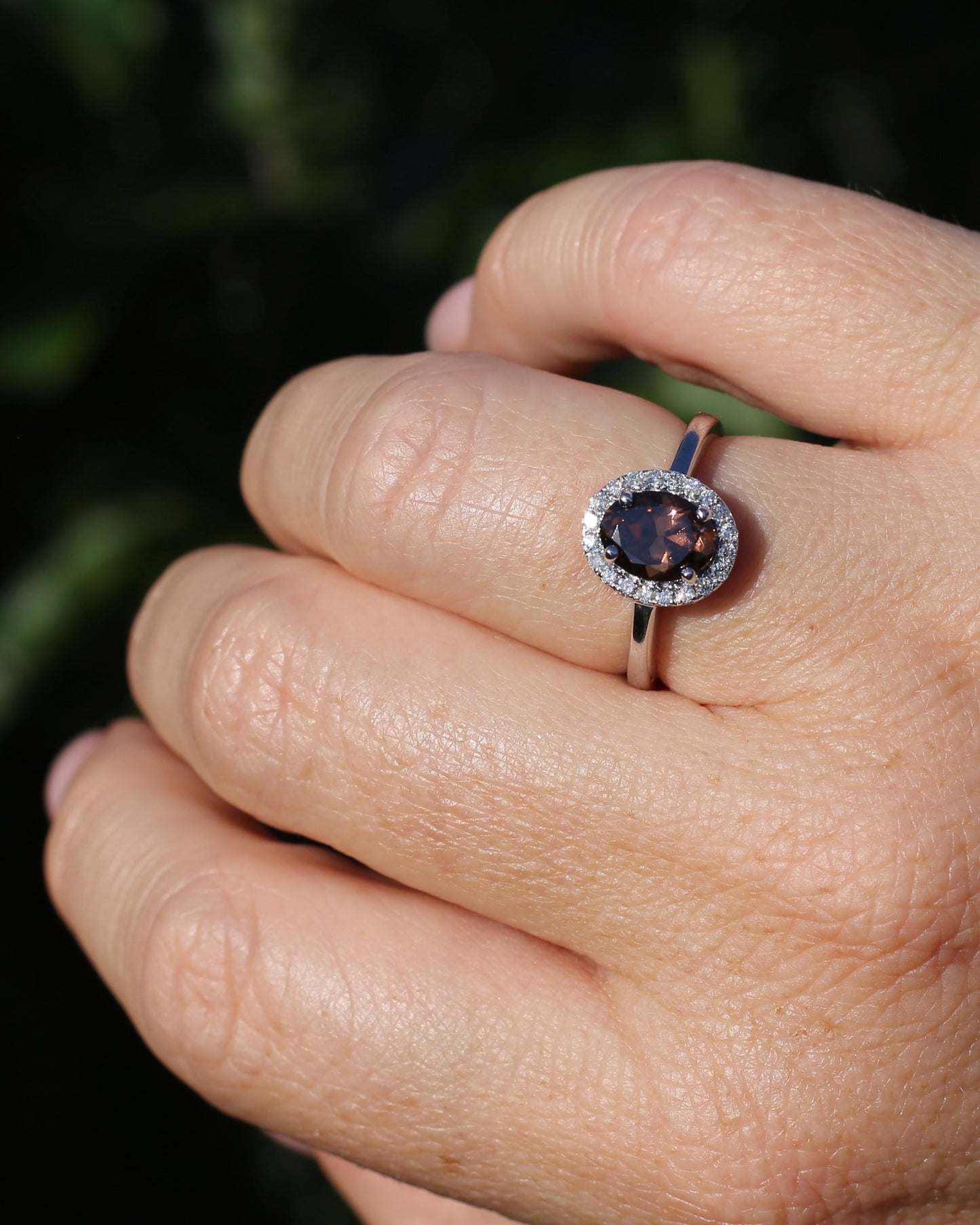1.82ct Chocolate Australian Zircon with Diamond Halo, 14ct White Gold, size N or 6.75, 3.34g