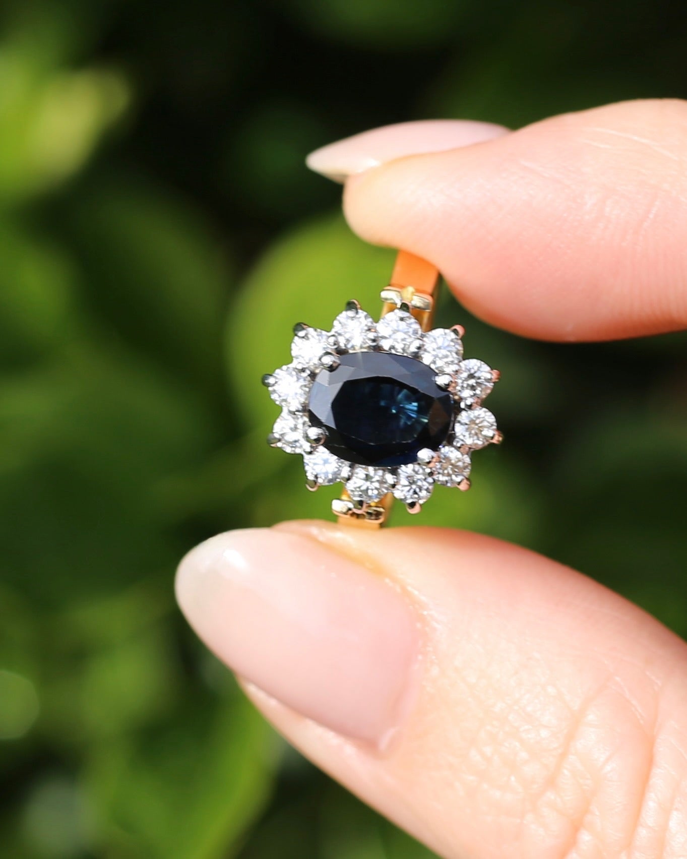 Vintage c1980s Diana Halo, Natural Sapphire and Diamond Halo, 18ct Yellow and White Gold, size P or 7.75 with valuation