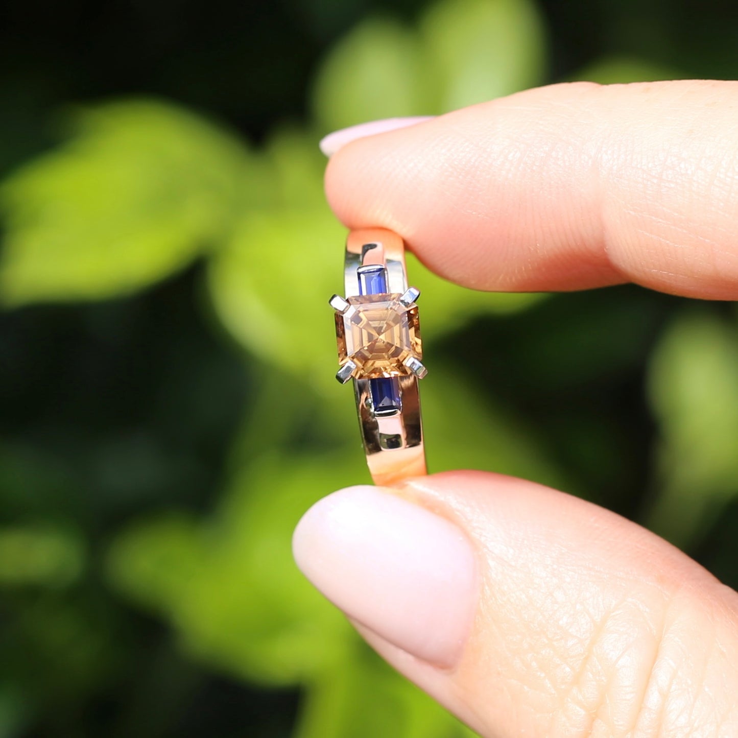 1.74ct Asscher Cut Cognac Zircon with Baguette Synthetic Sapphires in Mixed White and Yellow Gold 9ct Ring, size 8.75 or just over R