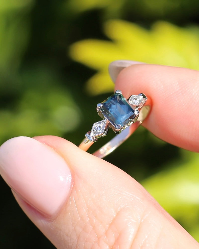 1.09ct Emerald Cut Teal Australian Sapphire With Diamonds in Vintage Trilogy Setting, 9ct Yellow and White Gold, size N1/2 or 6.75, 2.05g