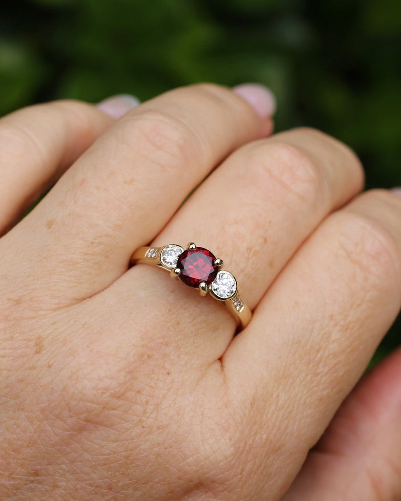 East African Rhodolite Garnet and Diamond Dais Trilogy, 9ct Yellow Gold, size S or 9.25