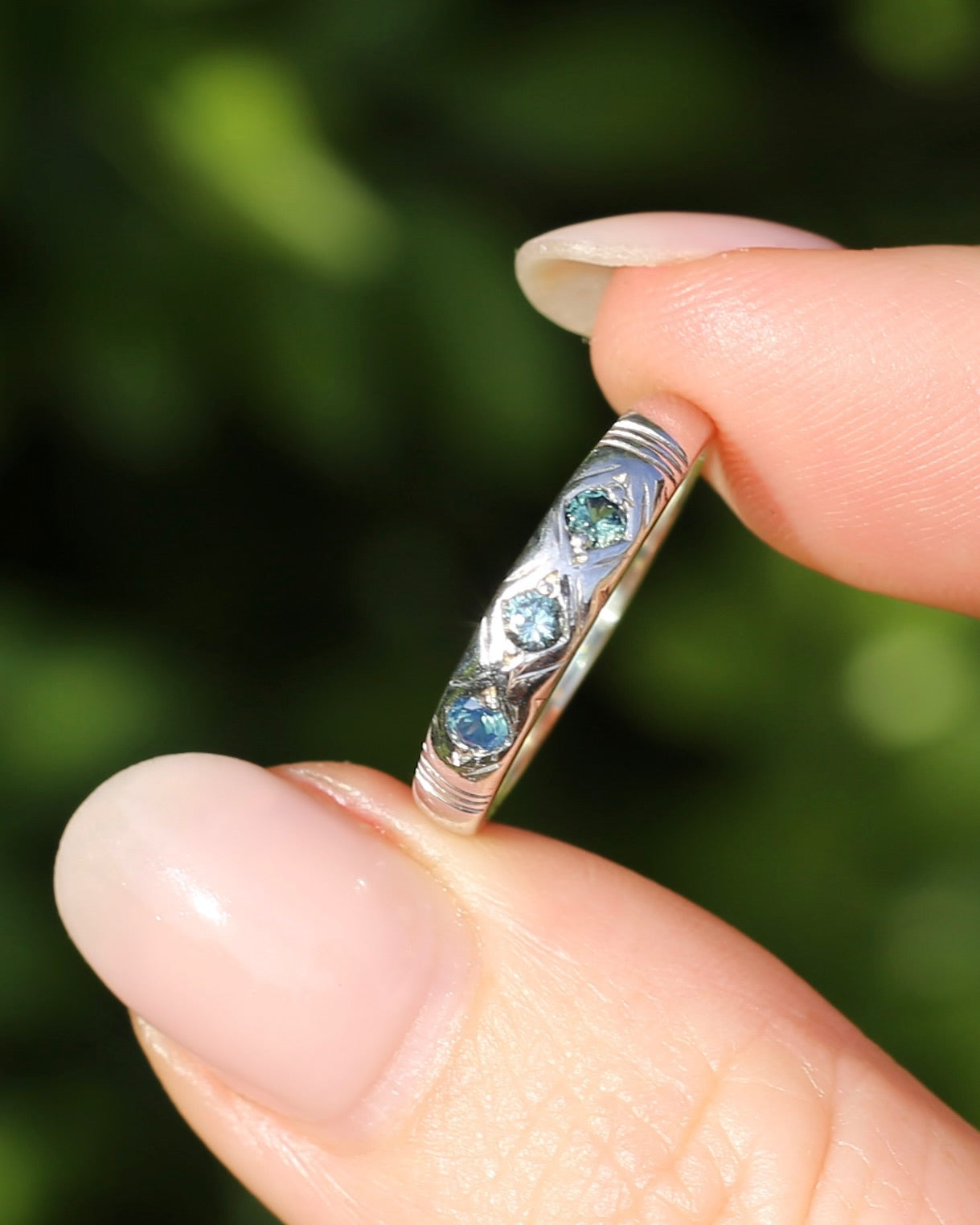 ON HOLD Australian Parti Sapphire Trilogy, 9ct White Gold Band, size N1/2 or just under 7, 2.67g