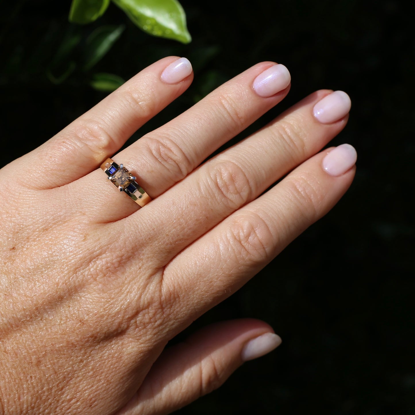 1.74ct Asscher Cut Cognac Zircon with Baguette Synthetic Sapphires in Mixed White and Yellow Gold 9ct Ring, size 8.75 or just over R