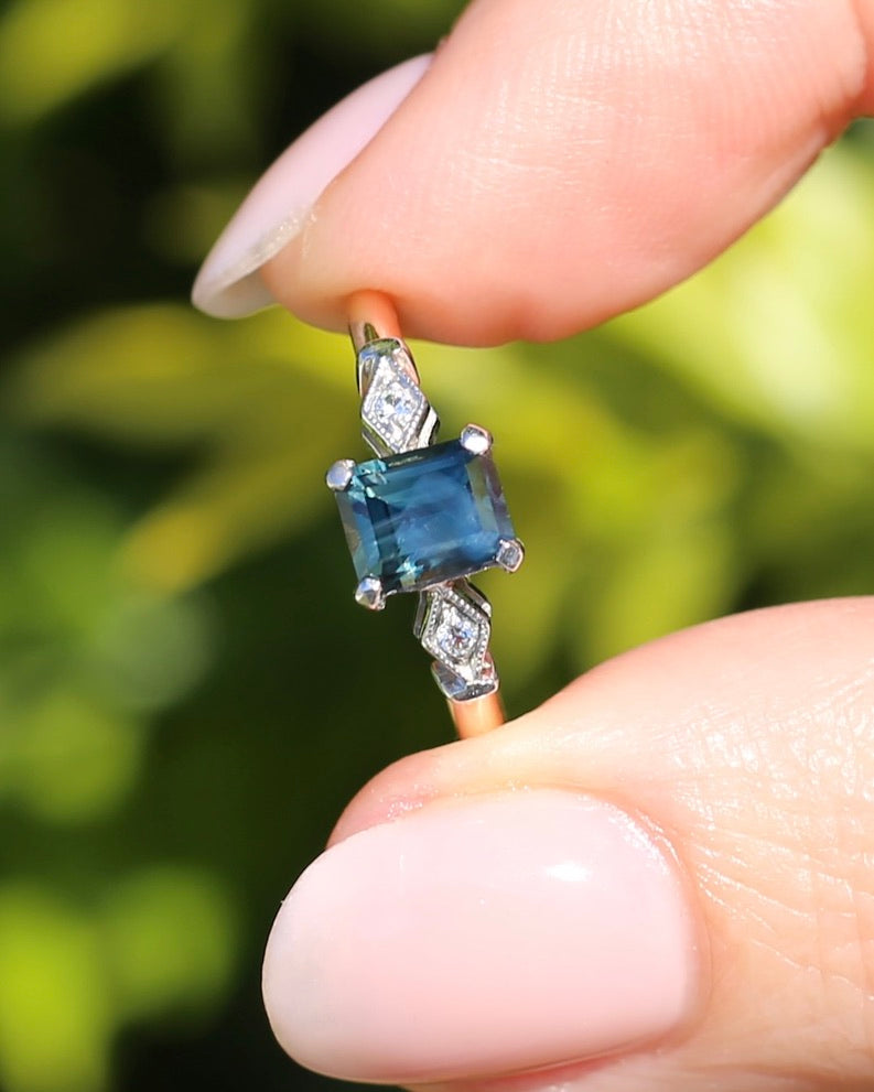 1.09ct Emerald Cut Teal Australian Sapphire With Diamonds in Vintage Trilogy Setting, 9ct Yellow and White Gold, size N1/2 or 6.75, 2.05g