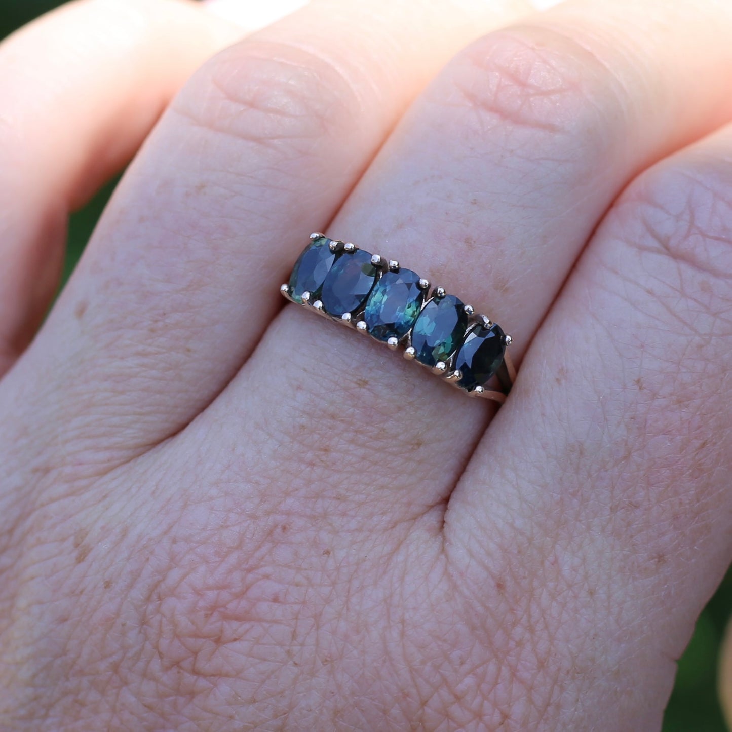 3 Carat Five Stone Parti Sapphire Ring, 9ct Yellow Gold, size R1/2 or nearly 9, with valuation