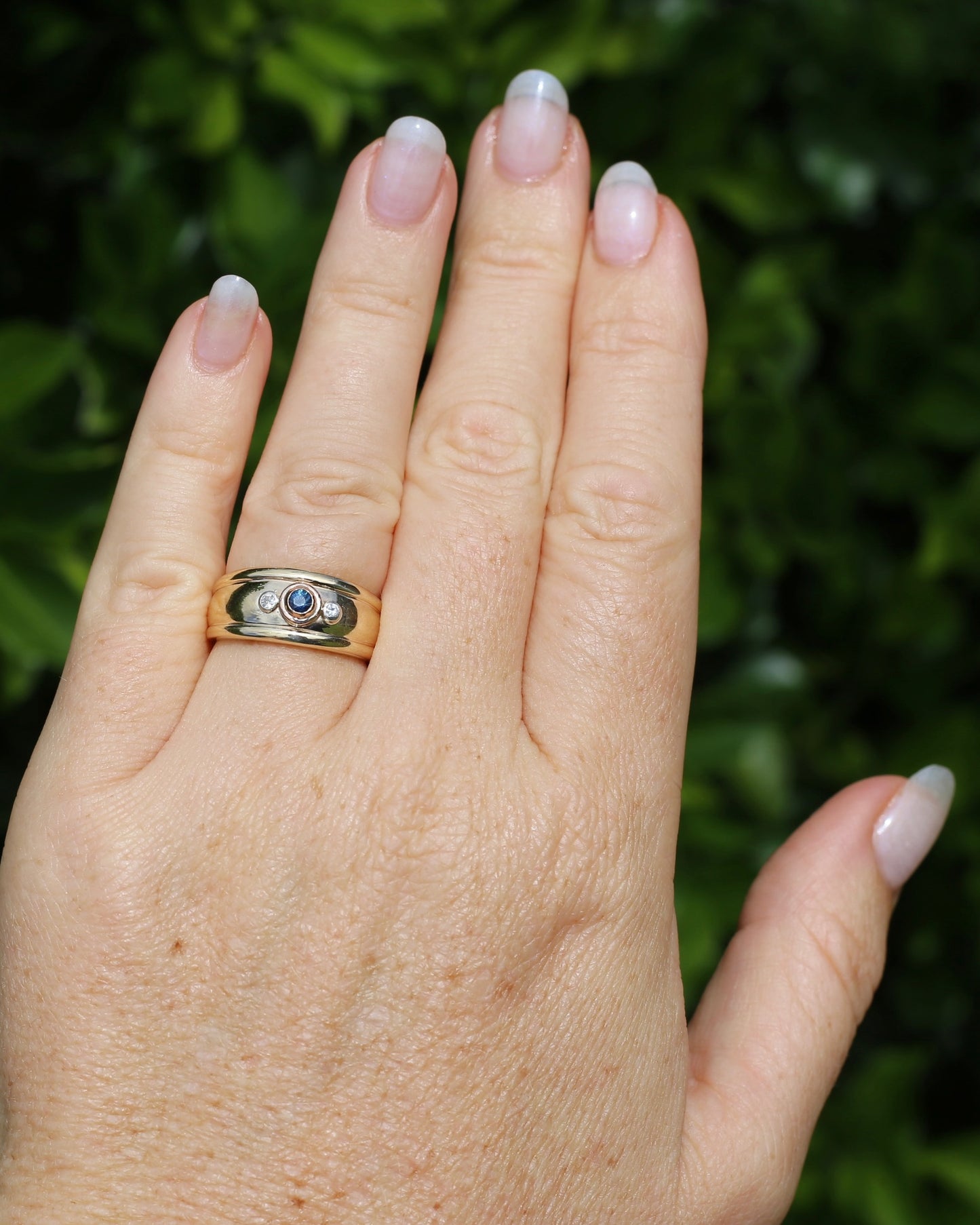 Bezel Set Parti Sapphire and Diamond Trilogy, Chunky Yellow Gold, size O1/2 or 7.5 (will fit smaller due to width)