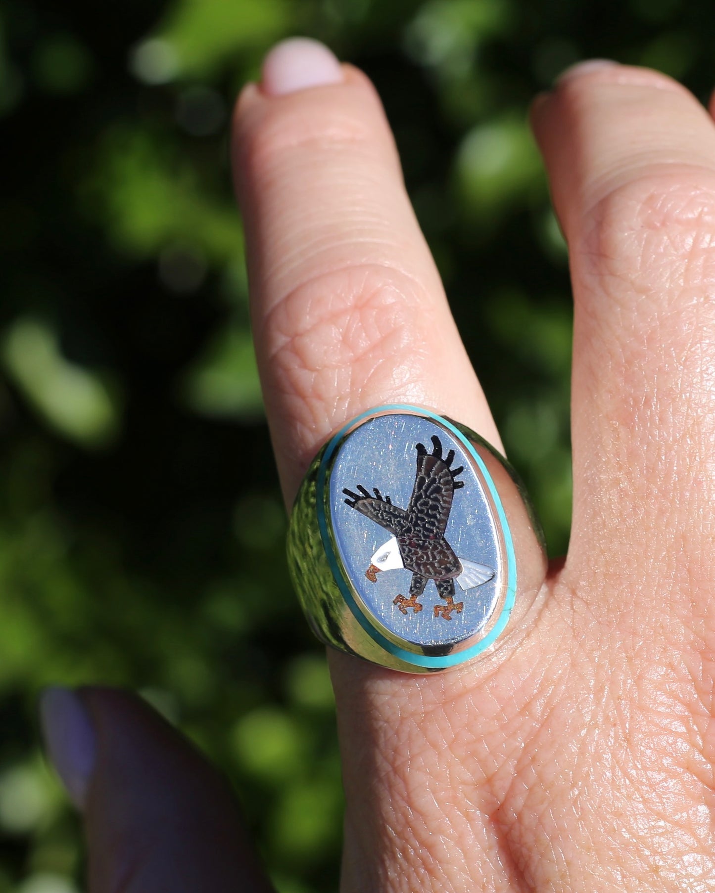 Navajo Artist Benjamin Becenti Inlaid Mother of Pearl and Turquoise Eagle Ring, Sterling Silver, size X1/2 or 11.75