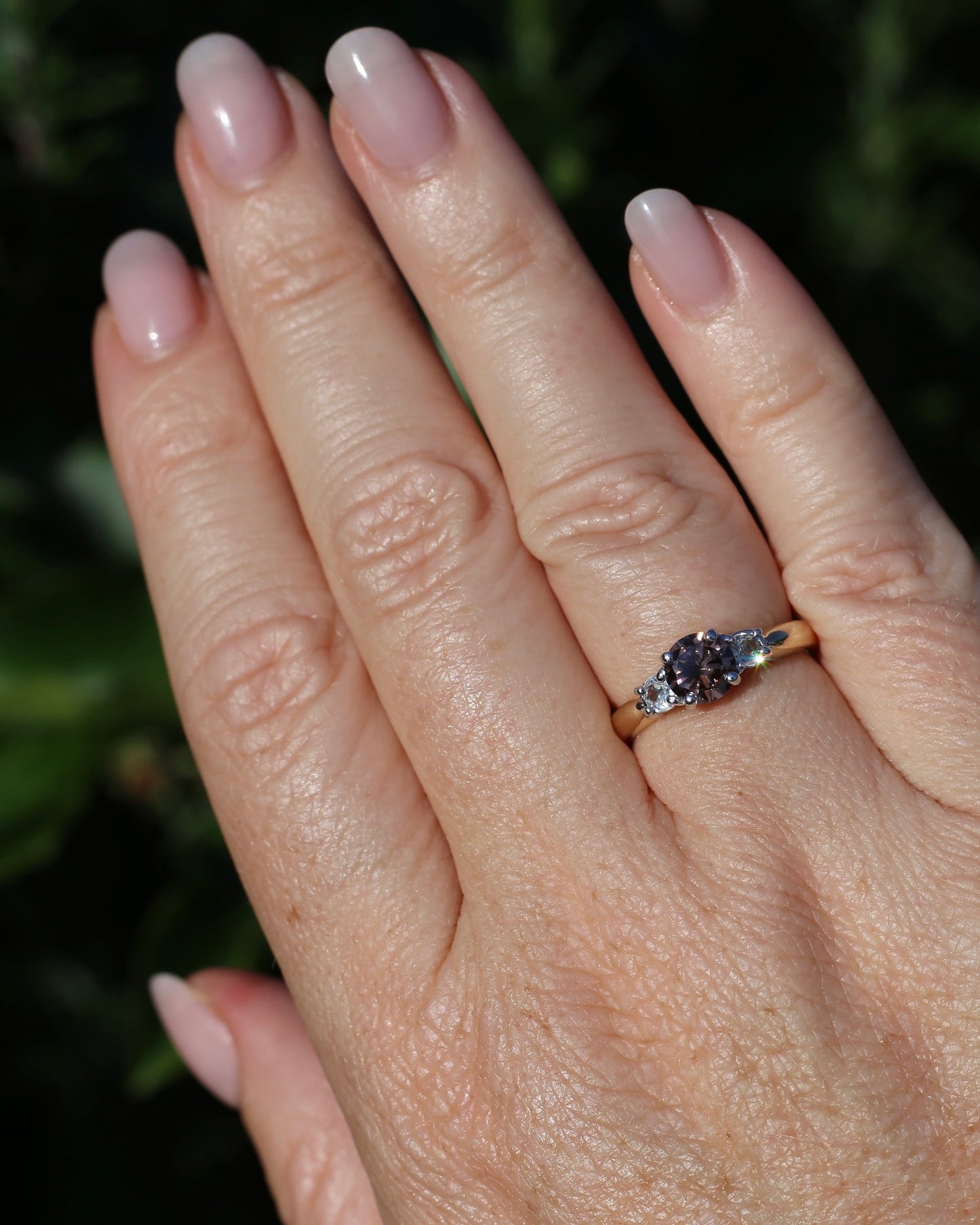 1.31ct Natural Caramel Zircon and Old Cut White Zircon Trilogy Ring, 9ct Gold, size N1/2 or just under 7, 3.72g