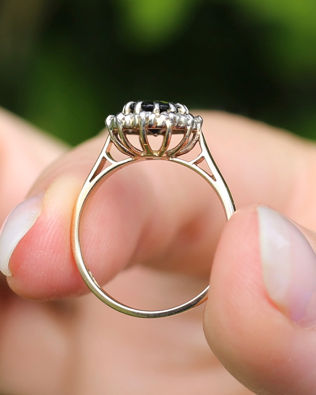 Vintage Natural Sapphire and Diamond Halo, 9ct Yellow and White Gold, size N1/2 or 7