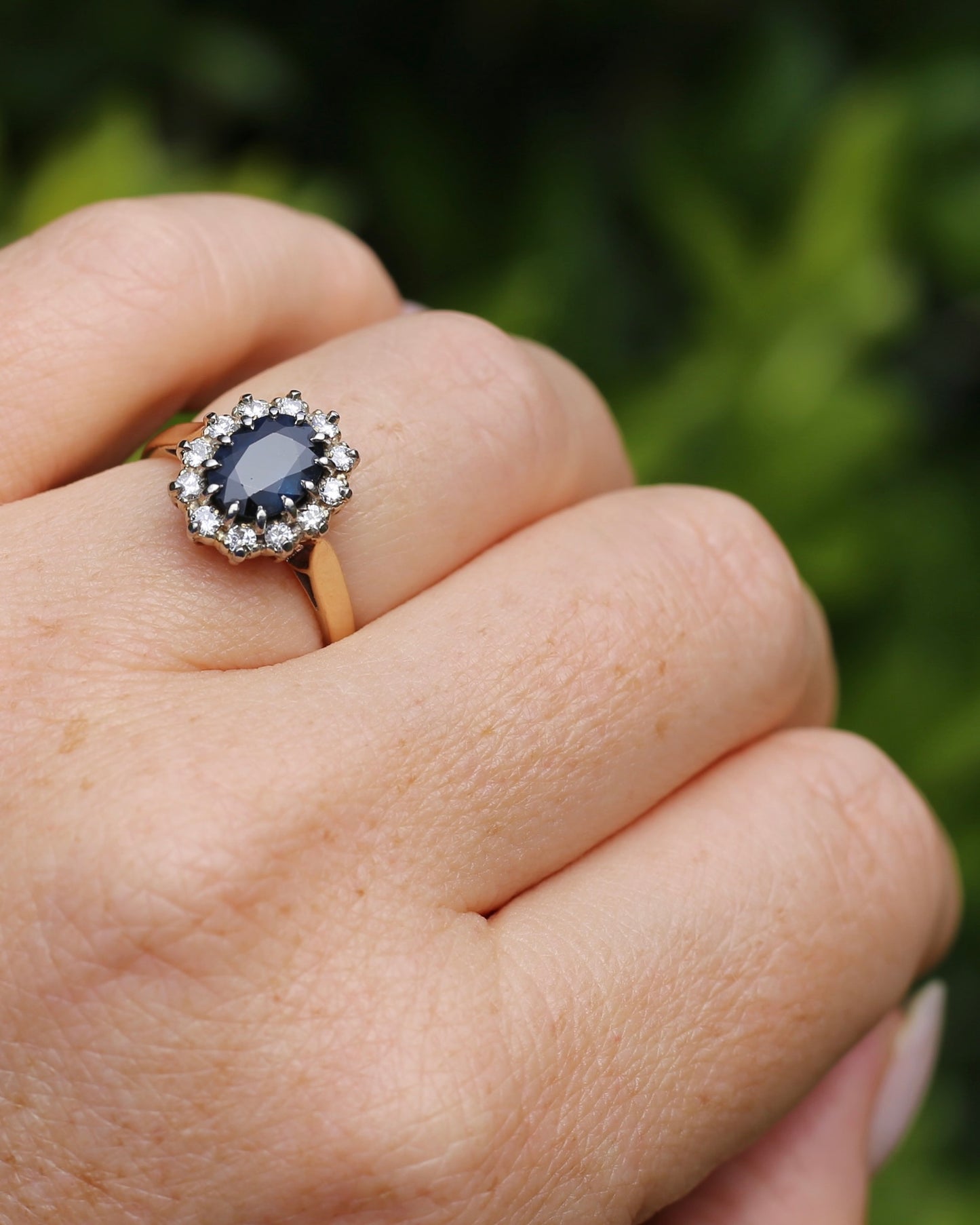 Vintage Natural Sapphire and Diamond Halo, 9ct Yellow and White Gold, size N1/2 or 7