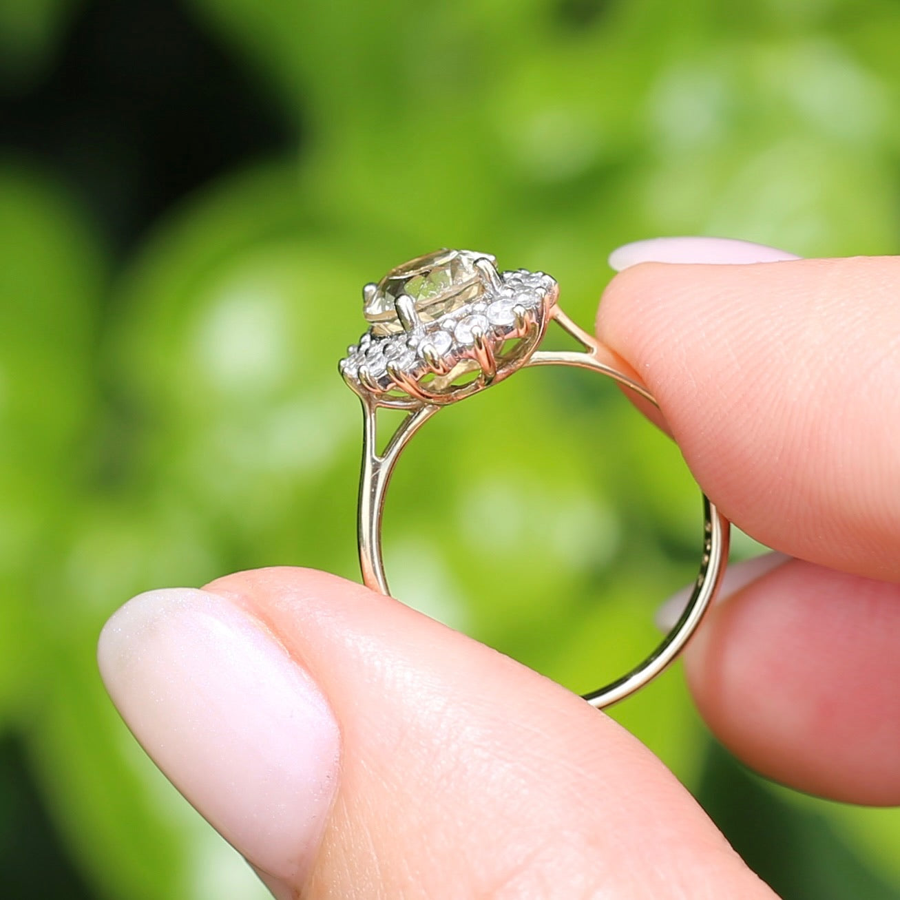 1.47ct Rare Light Pinkish Yellow Feldspar (Orthoclase) with Diamond Halo, 9ct Yellow Gold, size M or 6.25, with valuation