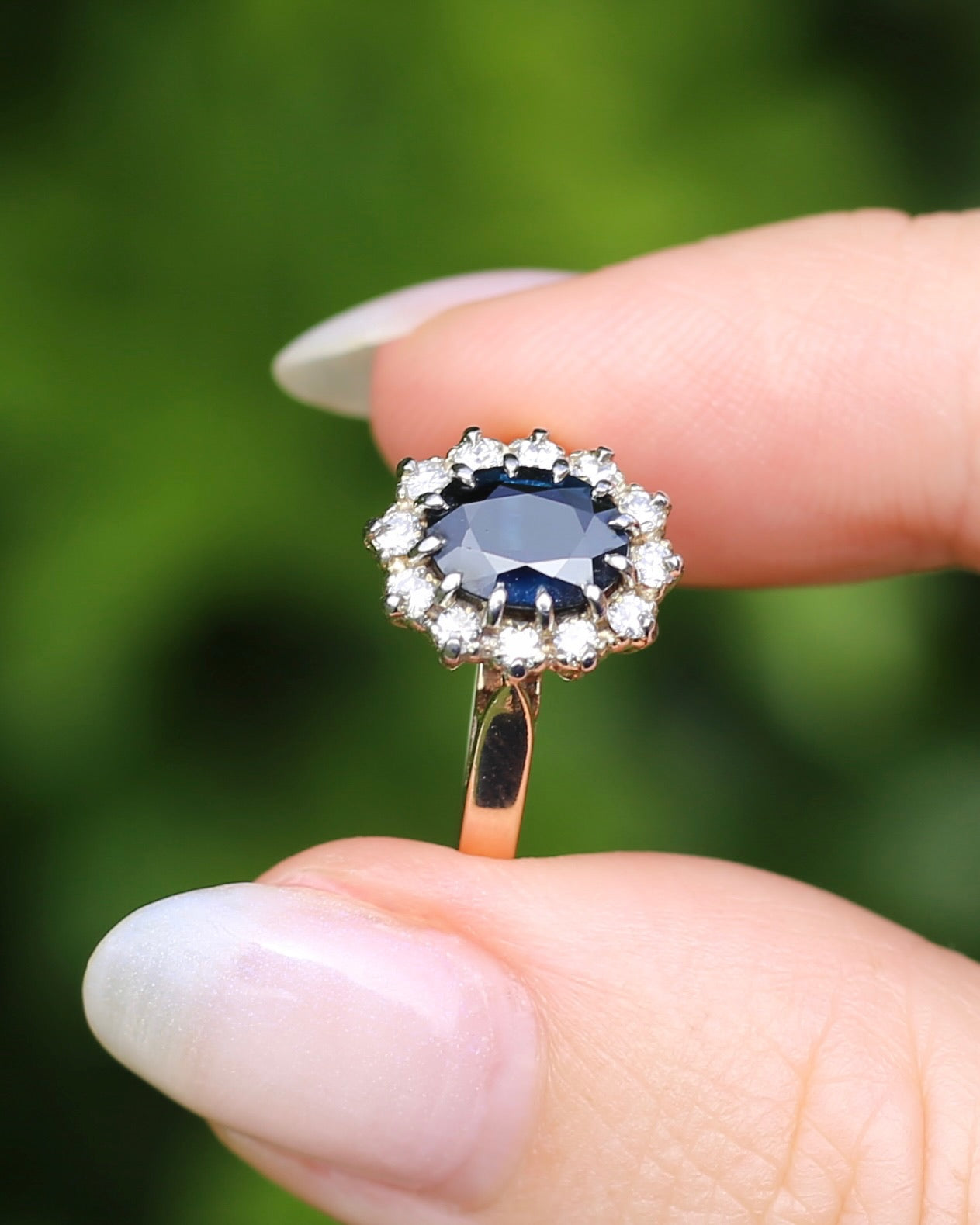 Vintage Natural Sapphire and Diamond Halo, 9ct Yellow and White Gold, size N1/2 or 7