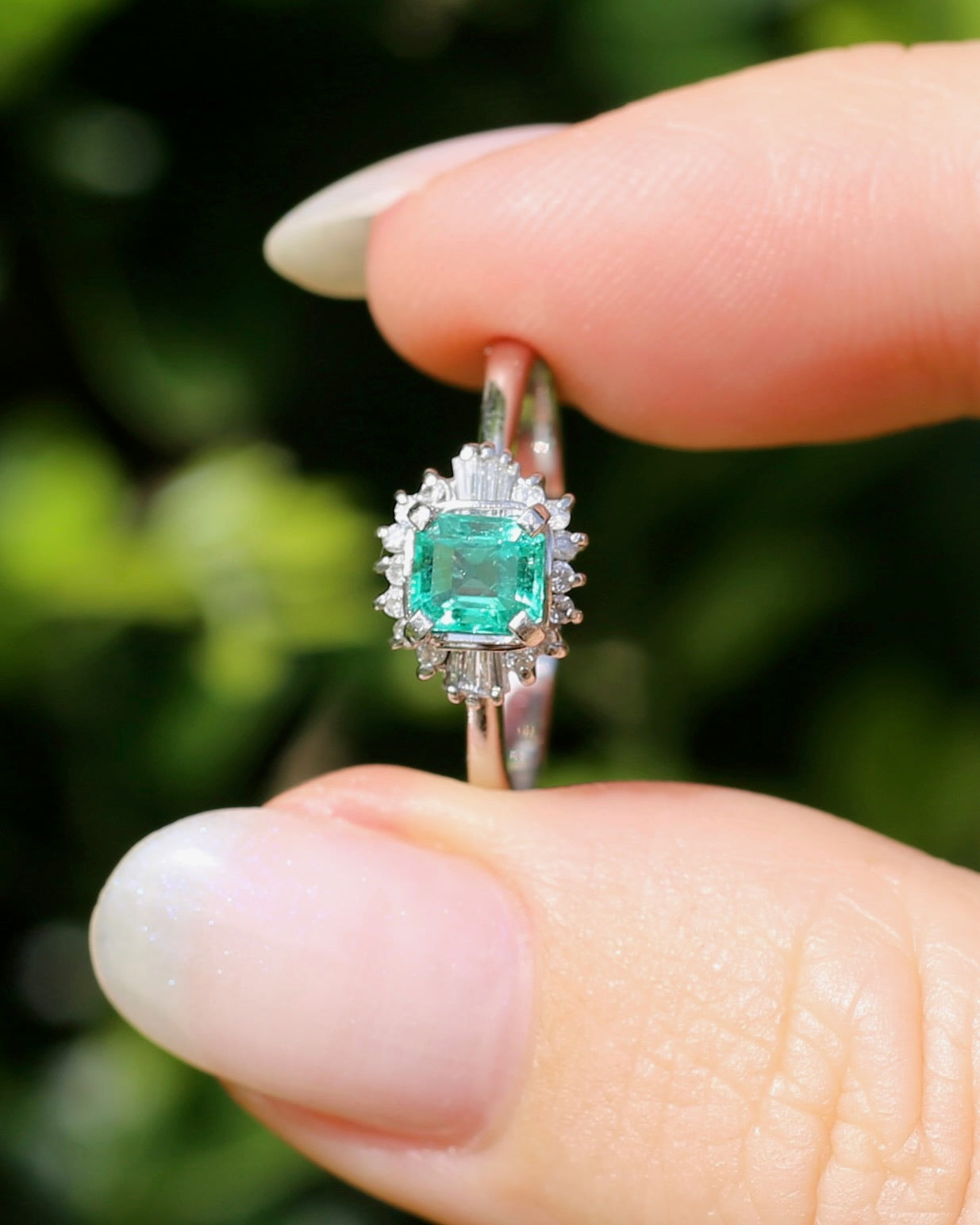 Natural Square Step Cut Emerald and Diamond Baguette Ballerina Skirt, Platinum Ring, size O or 7.25