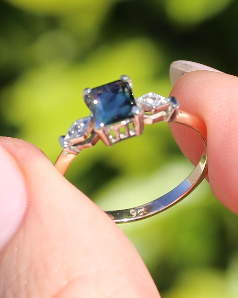 1.09ct Emerald Cut Teal Australian Sapphire With Diamonds in Vintage Trilogy Setting, 9ct Yellow and White Gold, size N1/2 or 6.75, 2.05g
