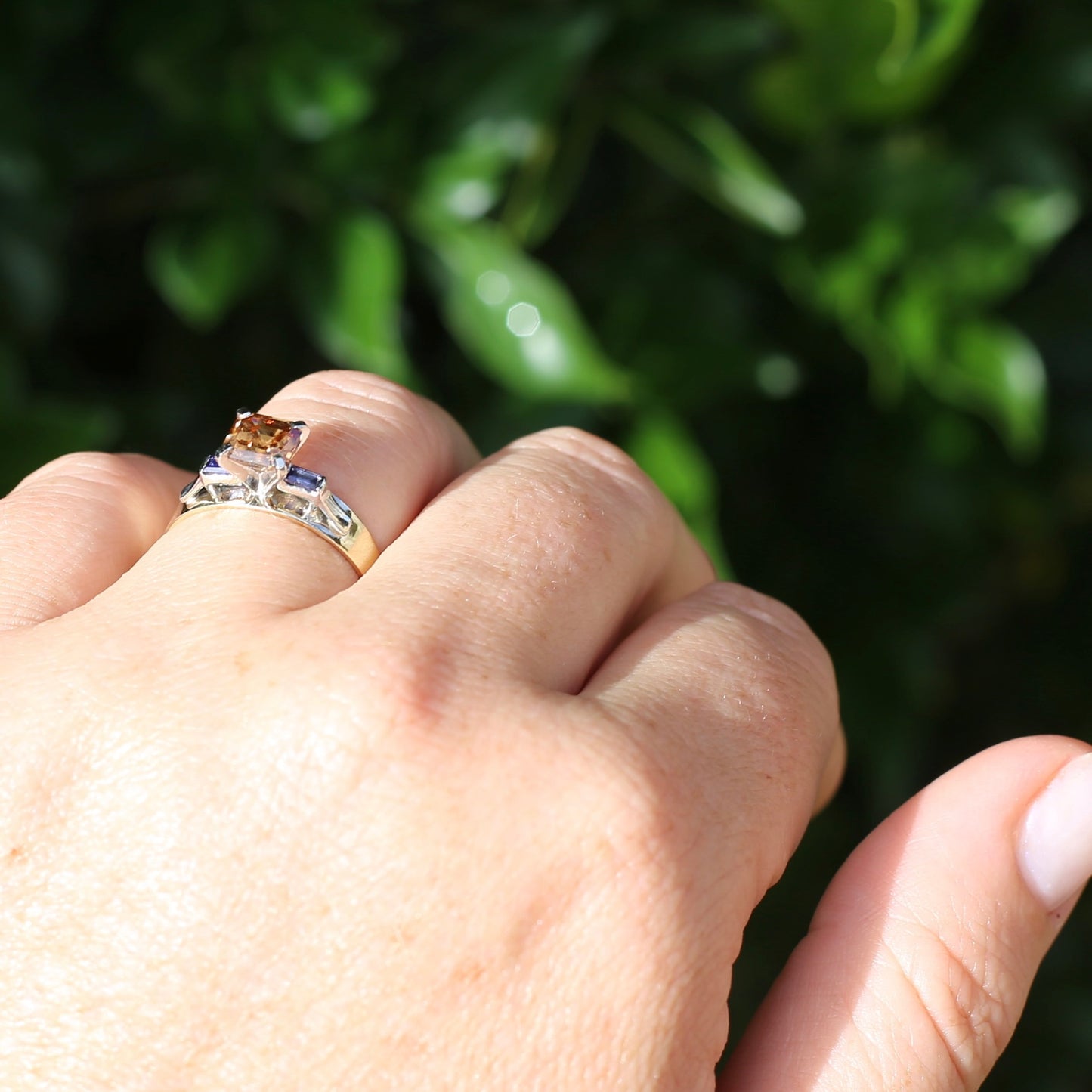 1.74ct Asscher Cut Cognac Zircon with Baguette Synthetic Sapphires in Mixed White and Yellow Gold 9ct Ring, size 8.75 or just over R