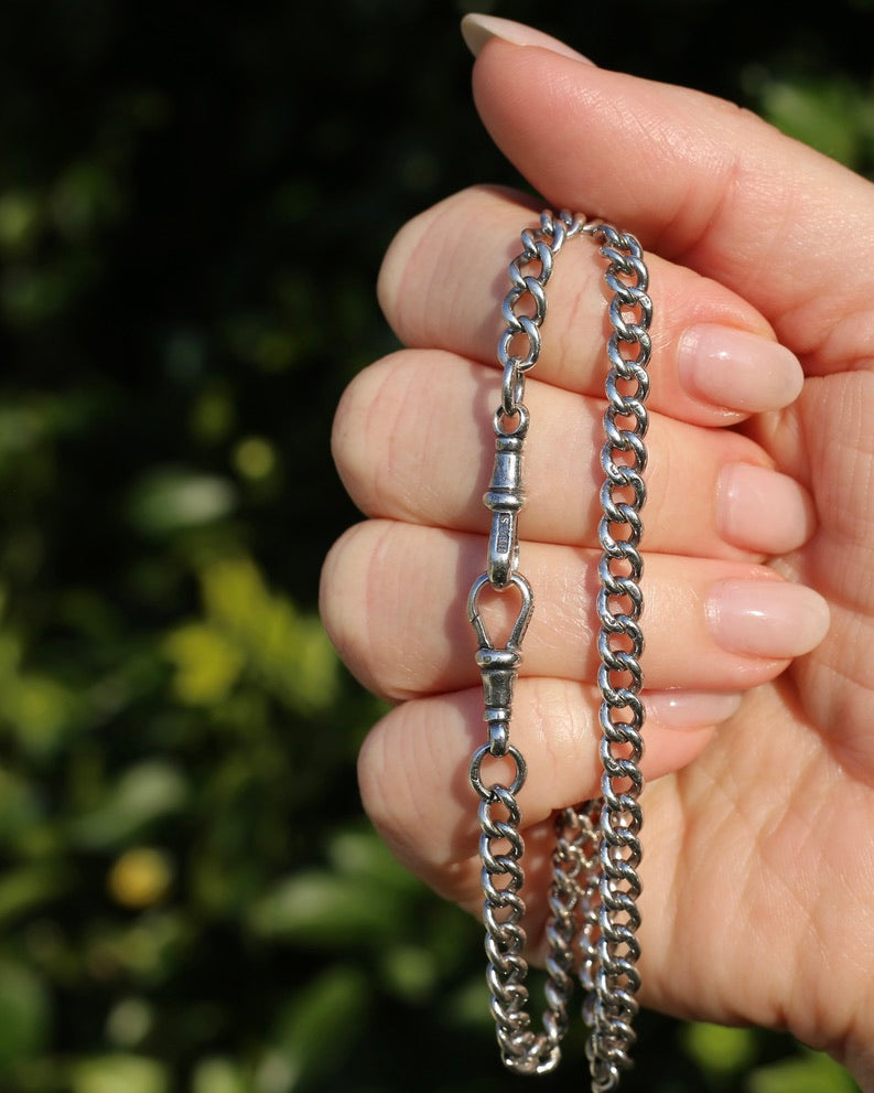 Antique 1913-1914 Birmingham Made Curb Link Watch Chain, Double Albert Clasp, Sterling Silver, 41.5cm