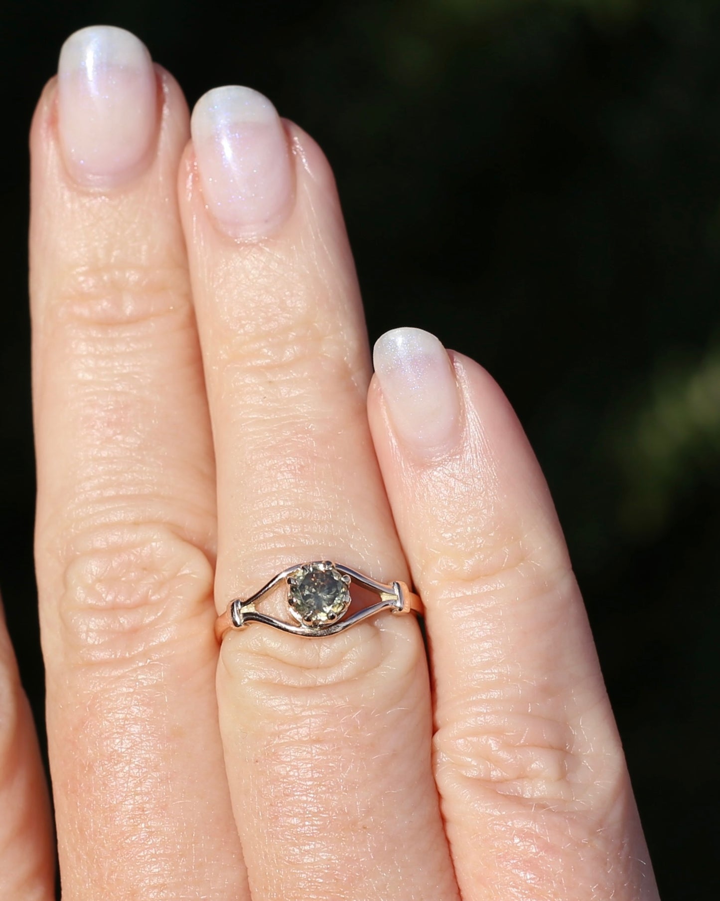 East African Green Zircon, Vintage 8 Claw Setting, Old Rosey Gold, size M1/2 or 6.5