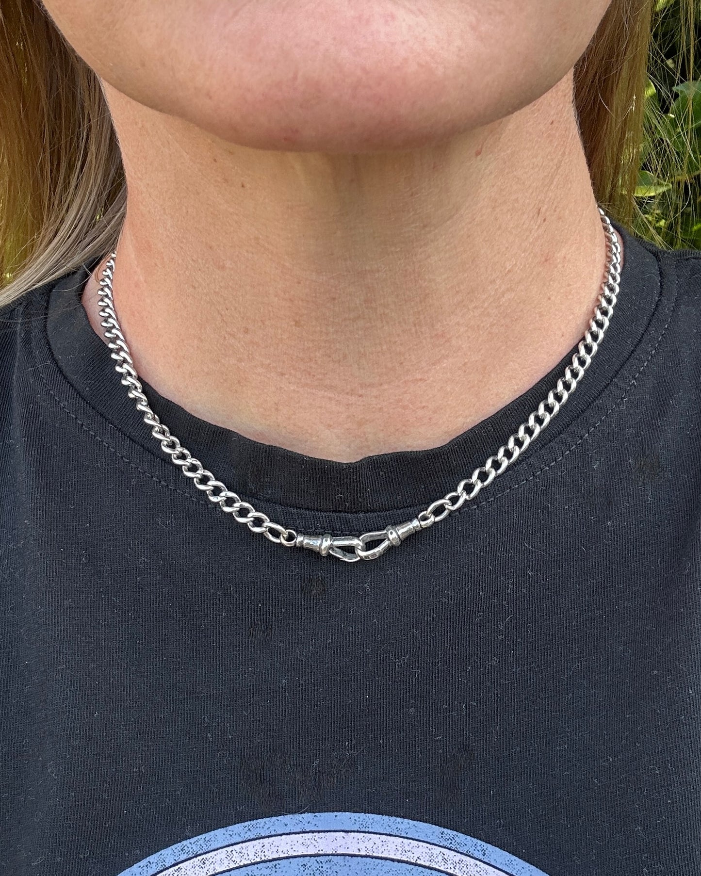 Antique 1913-1914 Birmingham Made Curb Link Watch Chain, Double Albert Clasp, Sterling Silver, 41.5cm