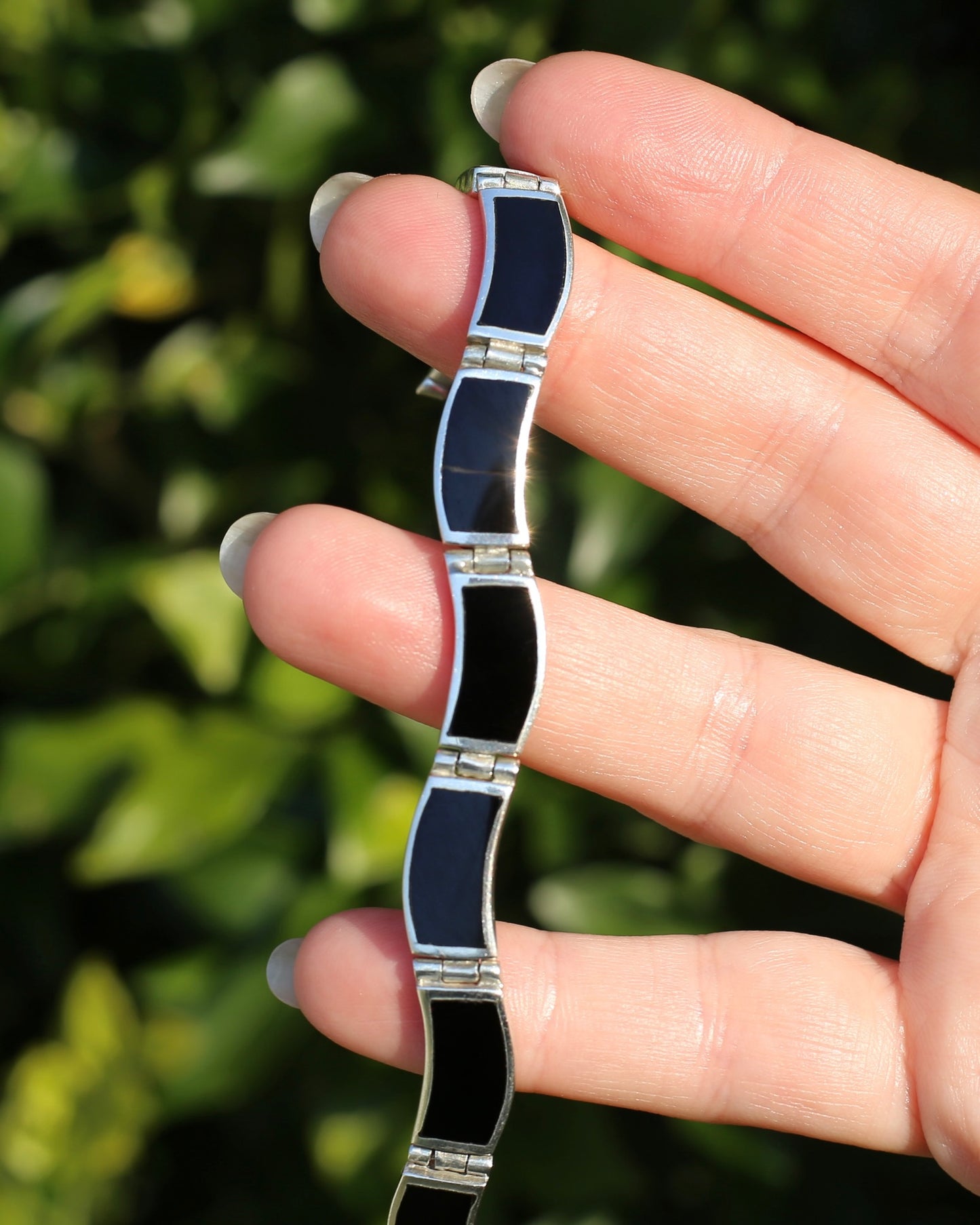Black Panel Wavey Silver Bracelet, Sterling Silver, 18.3g, 19cm