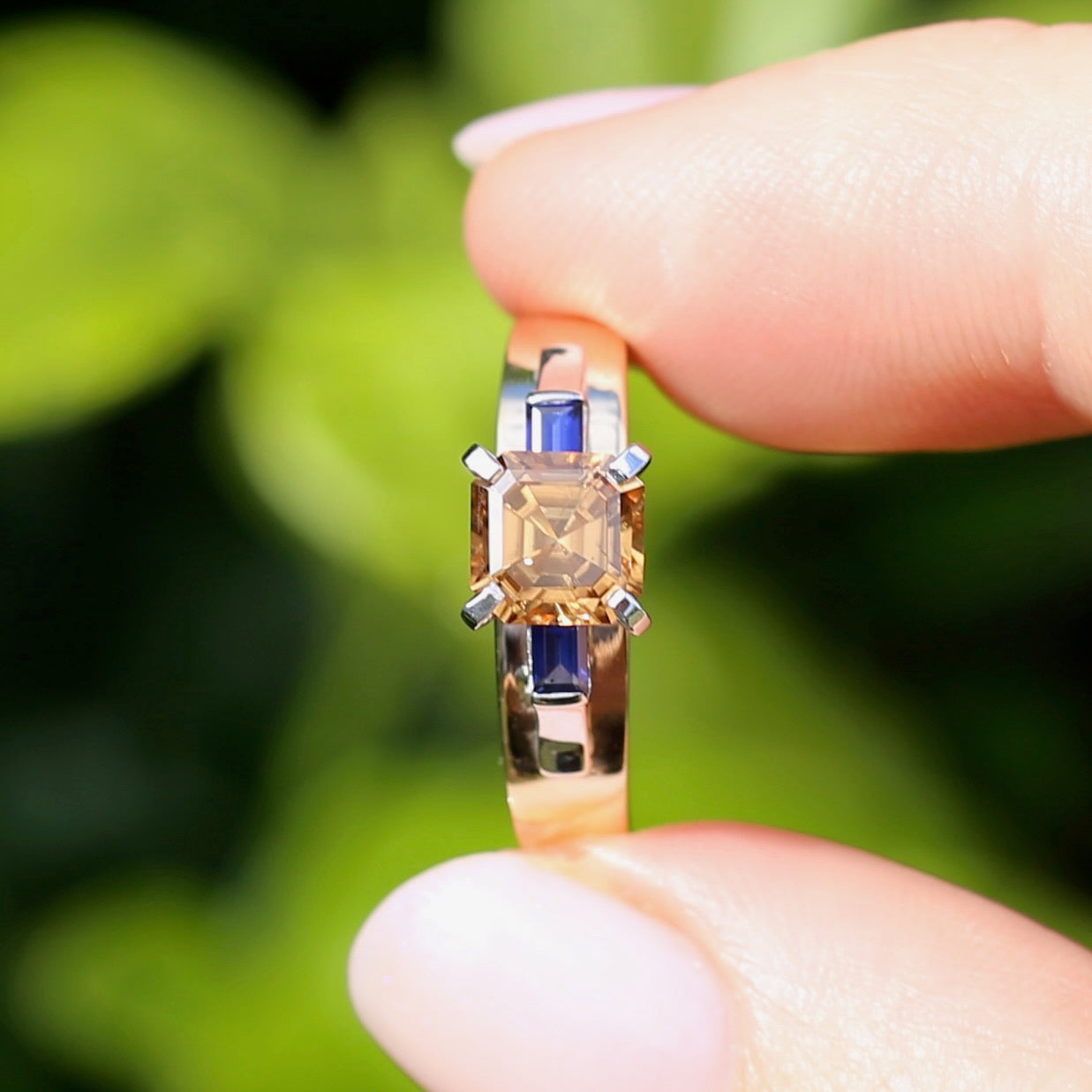 1.74ct Asscher Cut Cognac Zircon with Baguette Synthetic Sapphires in Mixed White and Yellow Gold 9ct Ring, size 8.75 or just over R