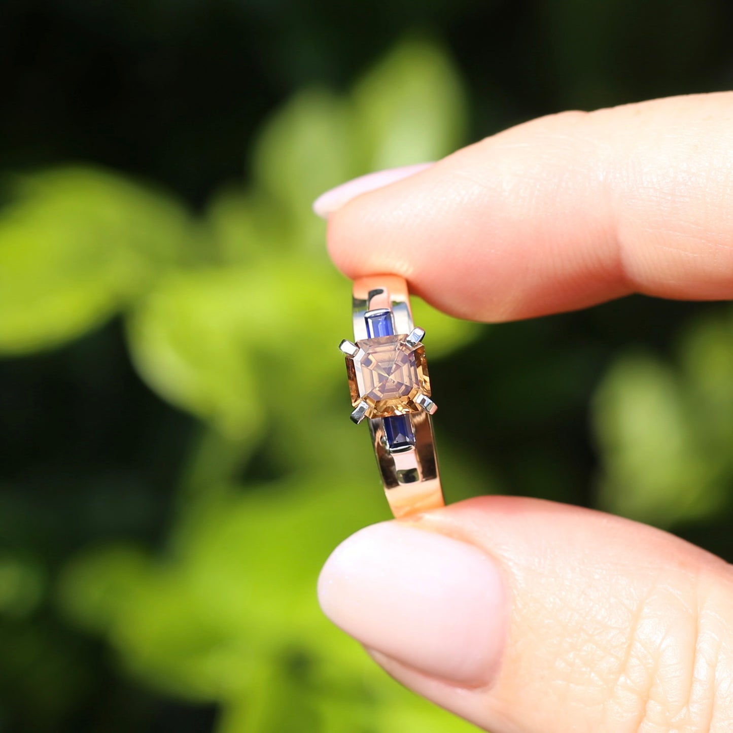 1.74ct Asscher Cut Cognac Zircon with Baguette Synthetic Sapphires in Mixed White and Yellow Gold 9ct Ring, size 8.75 or just over R