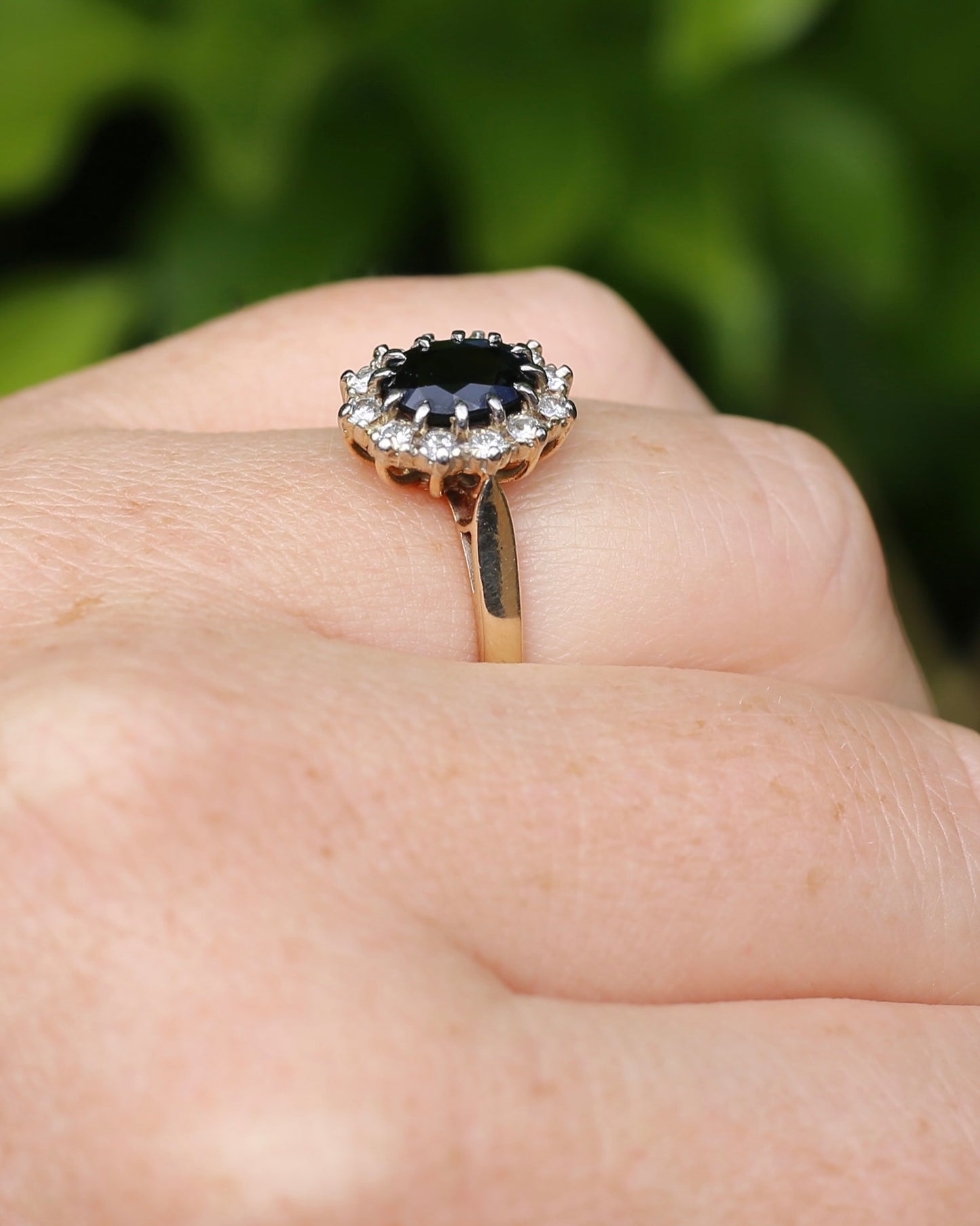 Vintage Natural Sapphire and Diamond Halo, 9ct Yellow and White Gold, size N1/2 or 7
