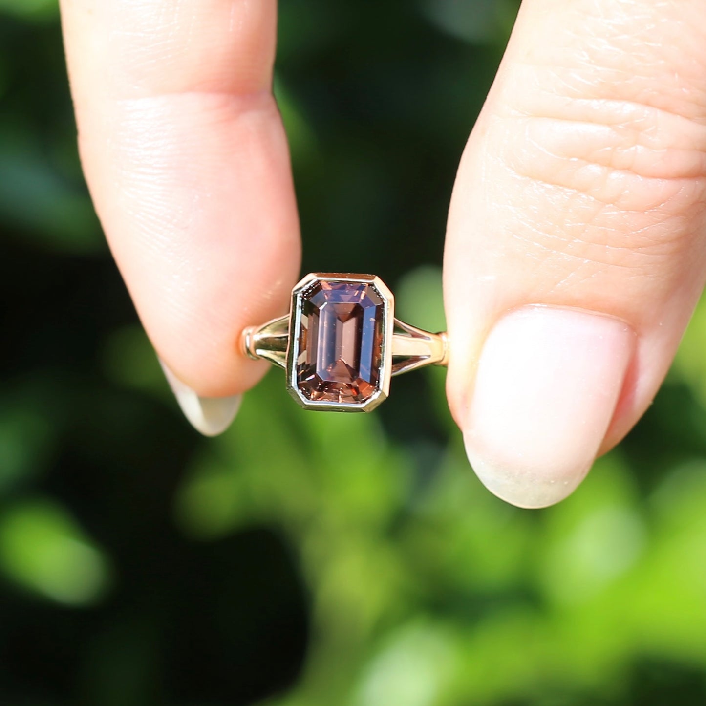 Custom Cut 4.36ct Octagonal Brown Zircon, Bezel Set, 9ct Yellow Gold, size L1/2 or 6