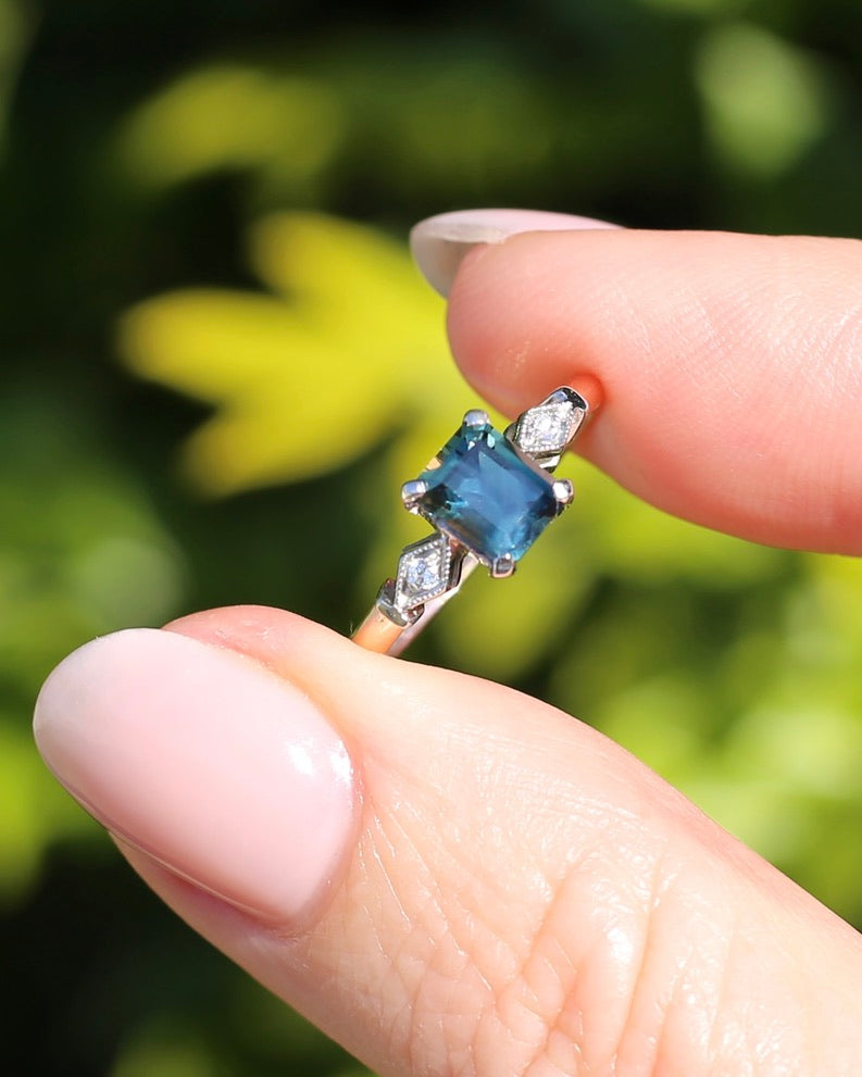 1.09ct Emerald Cut Teal Australian Sapphire With Diamonds in Vintage Trilogy Setting, 9ct Yellow and White Gold, size N1/2 or 6.75, 2.05g