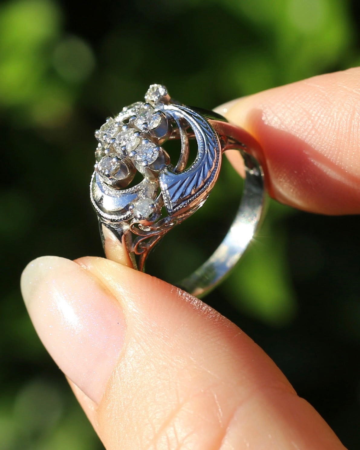 Old Cut and Early Brilliant Cluster Clover Ring, 9ct White Gold, size O or 7