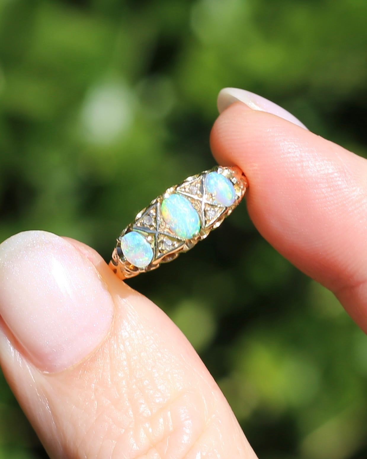 ON HOLD Antique 1907 Opal and Rose Cut Diamond Bridges Ring, 18ct Yellow Gold, size 8 or Q