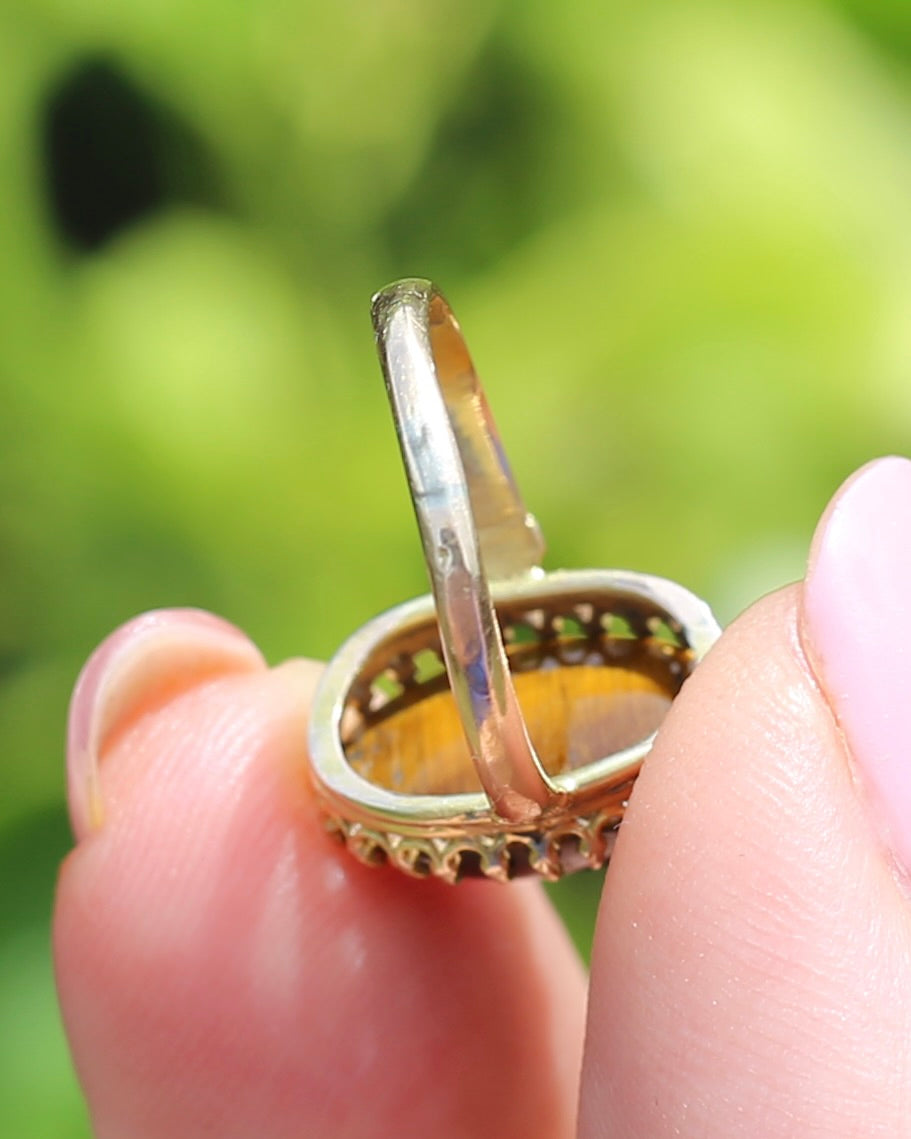 Second Glance - Antique Birmingham Made 1922 Tiger Eye Cabochon Ring, 15ct Yellow Gold, size I or 4.25, 2.27g