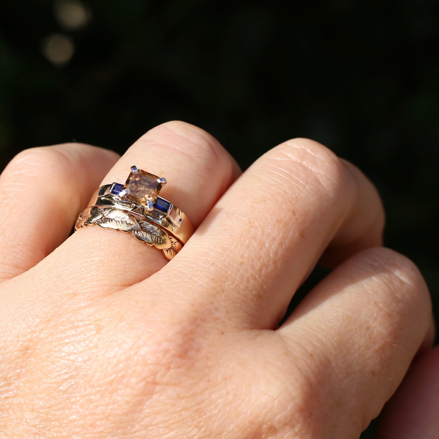 1.74ct Asscher Cut Cognac Zircon with Baguette Synthetic Sapphires in Mixed White and Yellow Gold 9ct Ring, size 8.75 or just over R