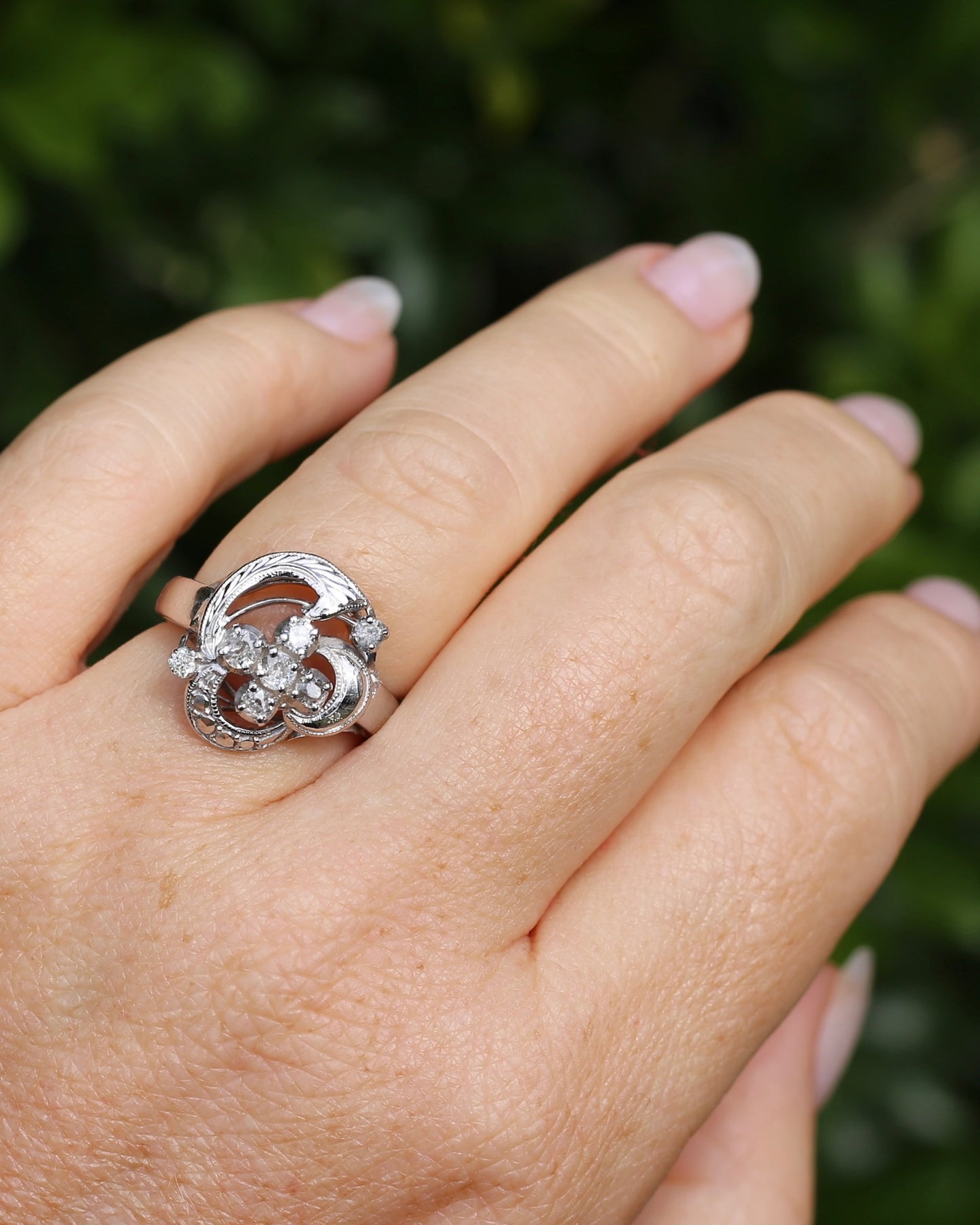 Old Cut and Early Brilliant Cluster Clover Ring, 9ct White Gold, size O or 7
