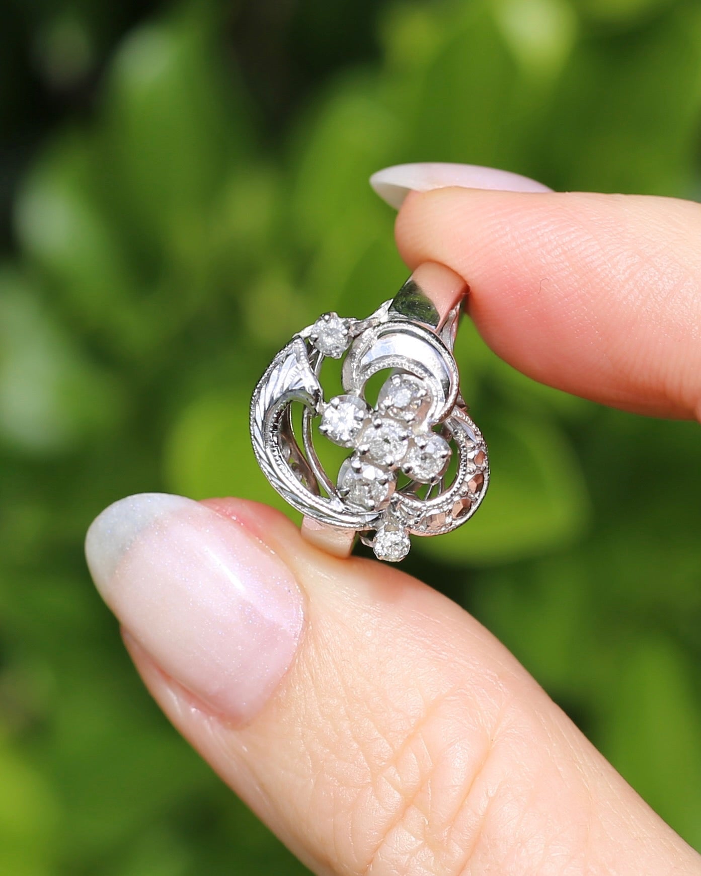 Old Cut and Early Brilliant Cluster Clover Ring, 9ct White Gold, size O or 7