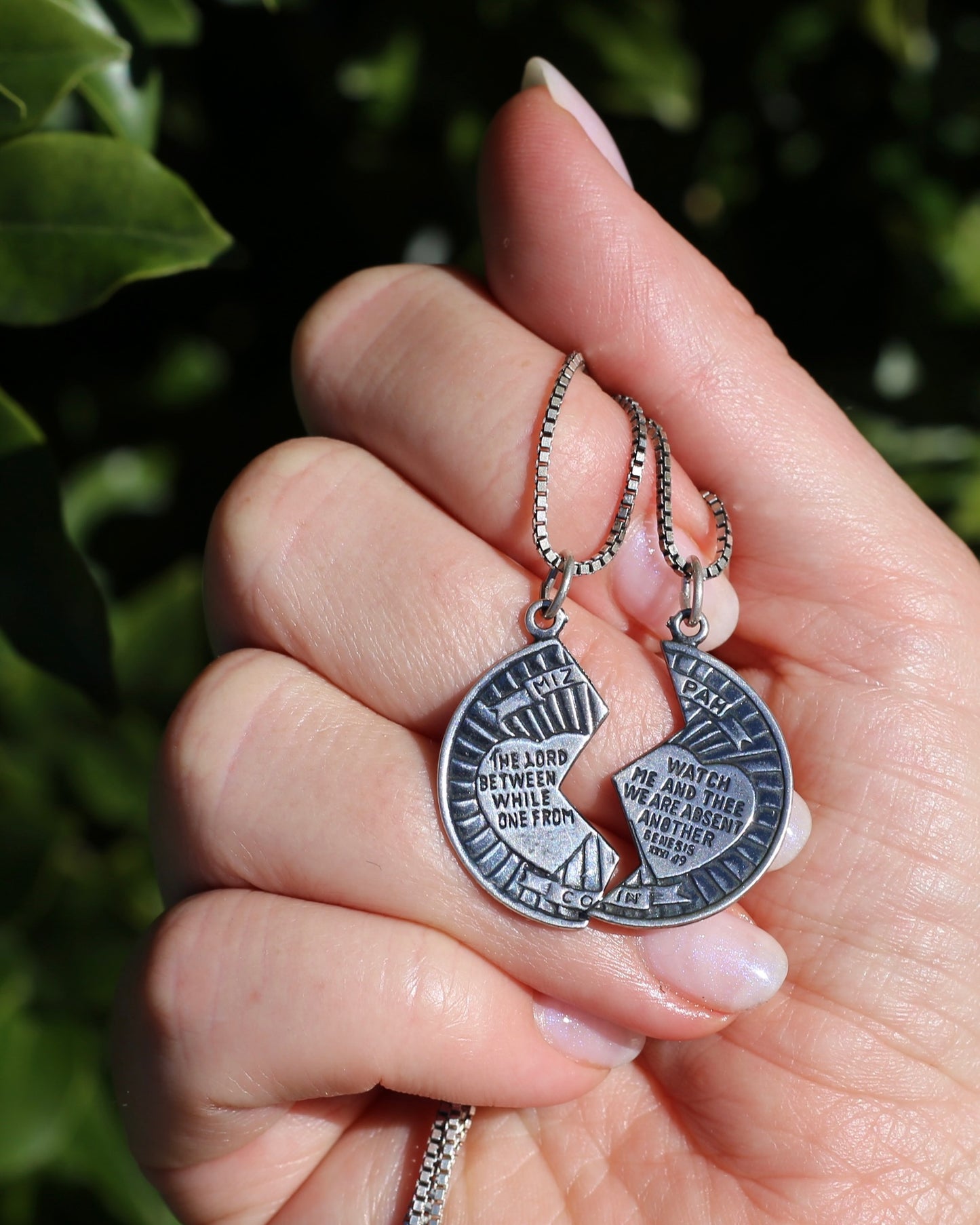 Pair of Vintage Mizpah Pendants on chains, Sterling Silver, 5g (combined) and 7.1g chains