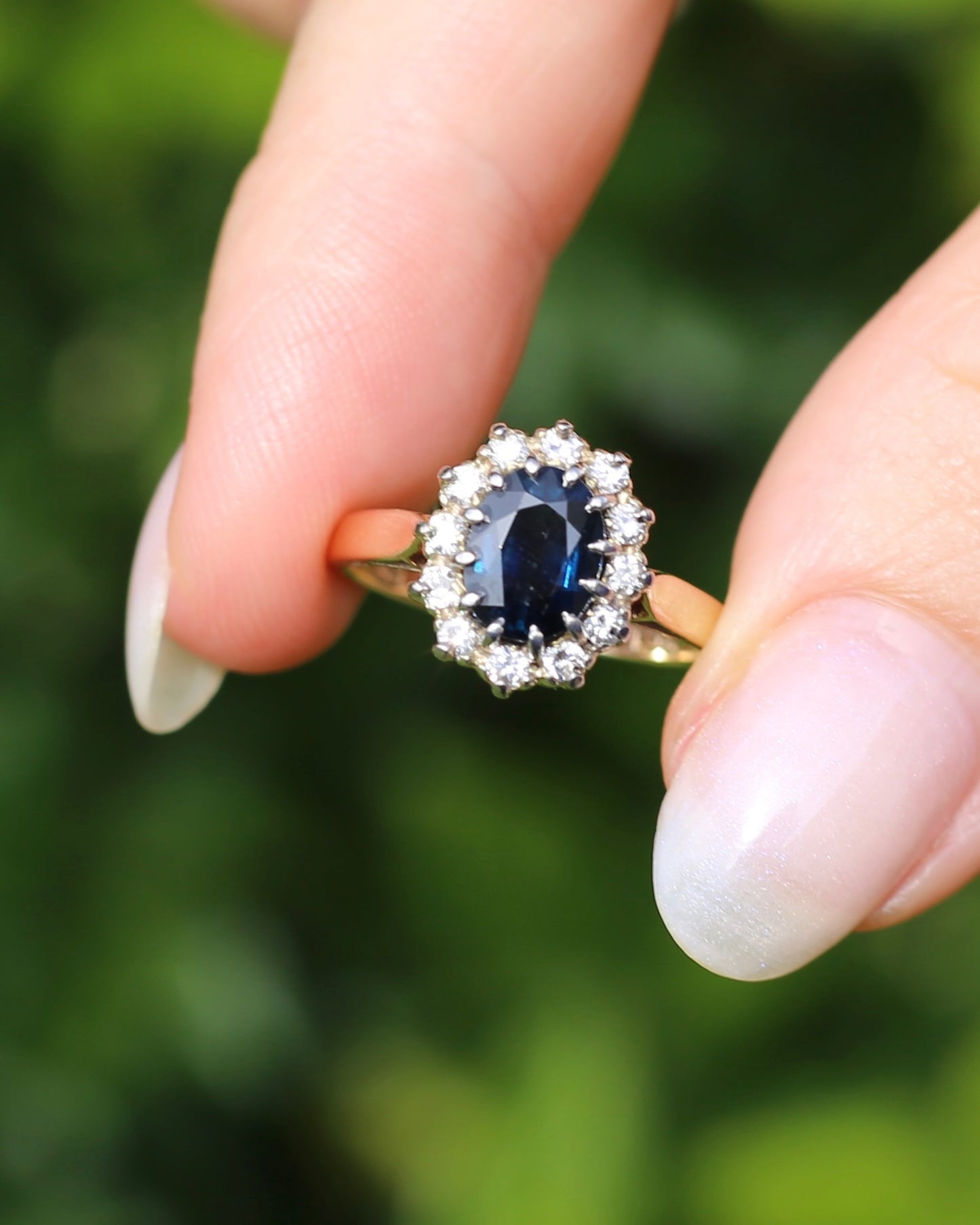 Vintage Natural Sapphire and Diamond Halo, 9ct Yellow and White Gold, size N1/2 or 7