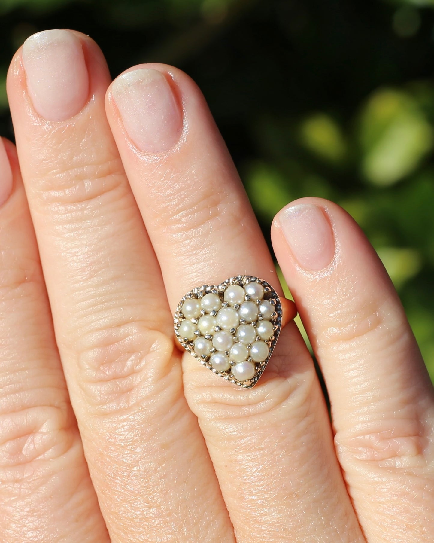 Vintage Heart Pearl Cluster Ring, 10ct Yellow Gold, size K or 5.25