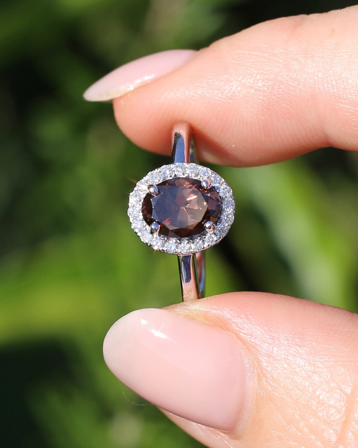 1.82ct Chocolate Australian Zircon with Diamond Halo, 14ct White Gold, size N or 6.75, 3.34g