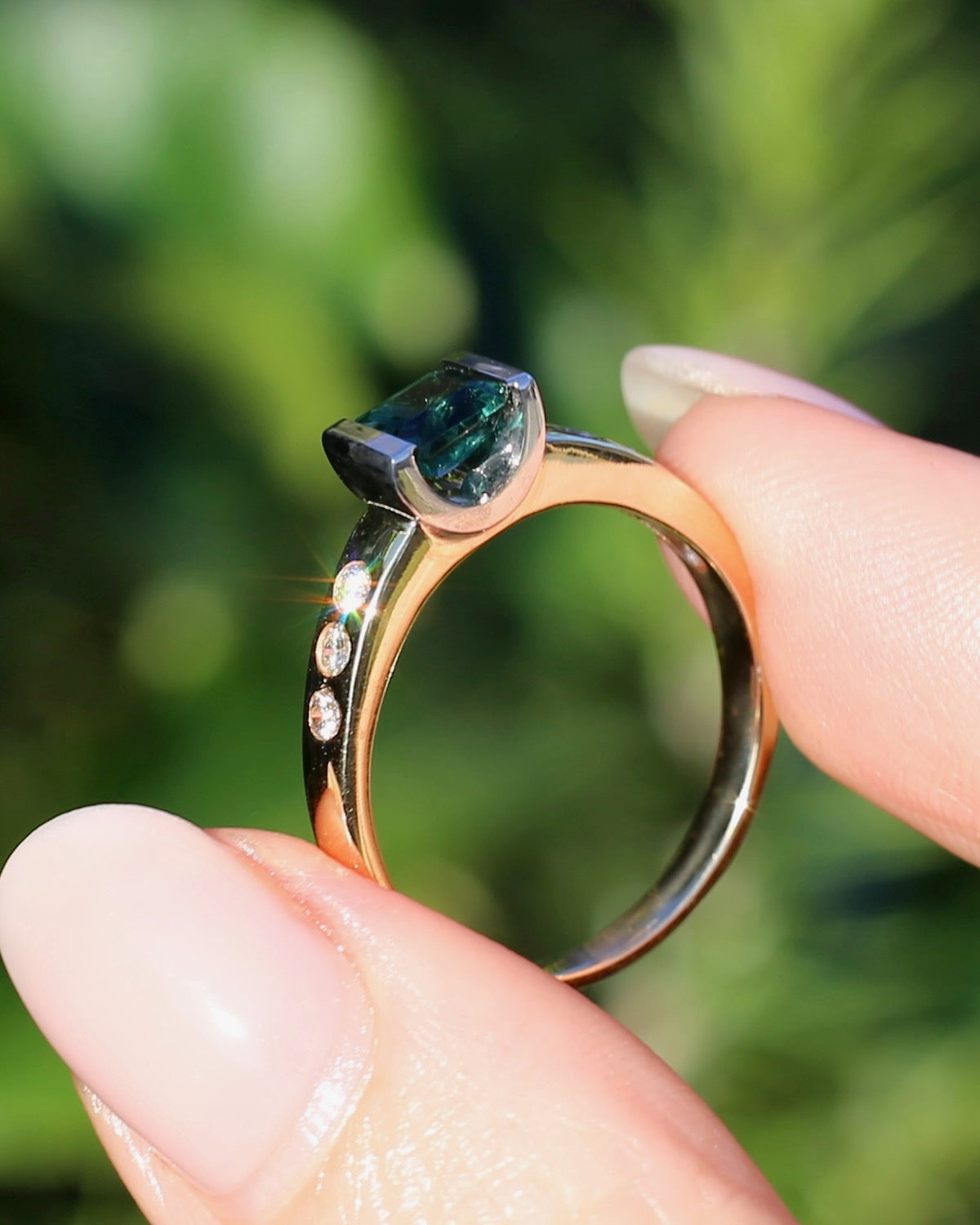 Vintage Chunky East West Set Semi Bezel Tourmaline and Flush Set Diamonds, 9ct Yellow and White Gold, size 9 or S, 4.37g