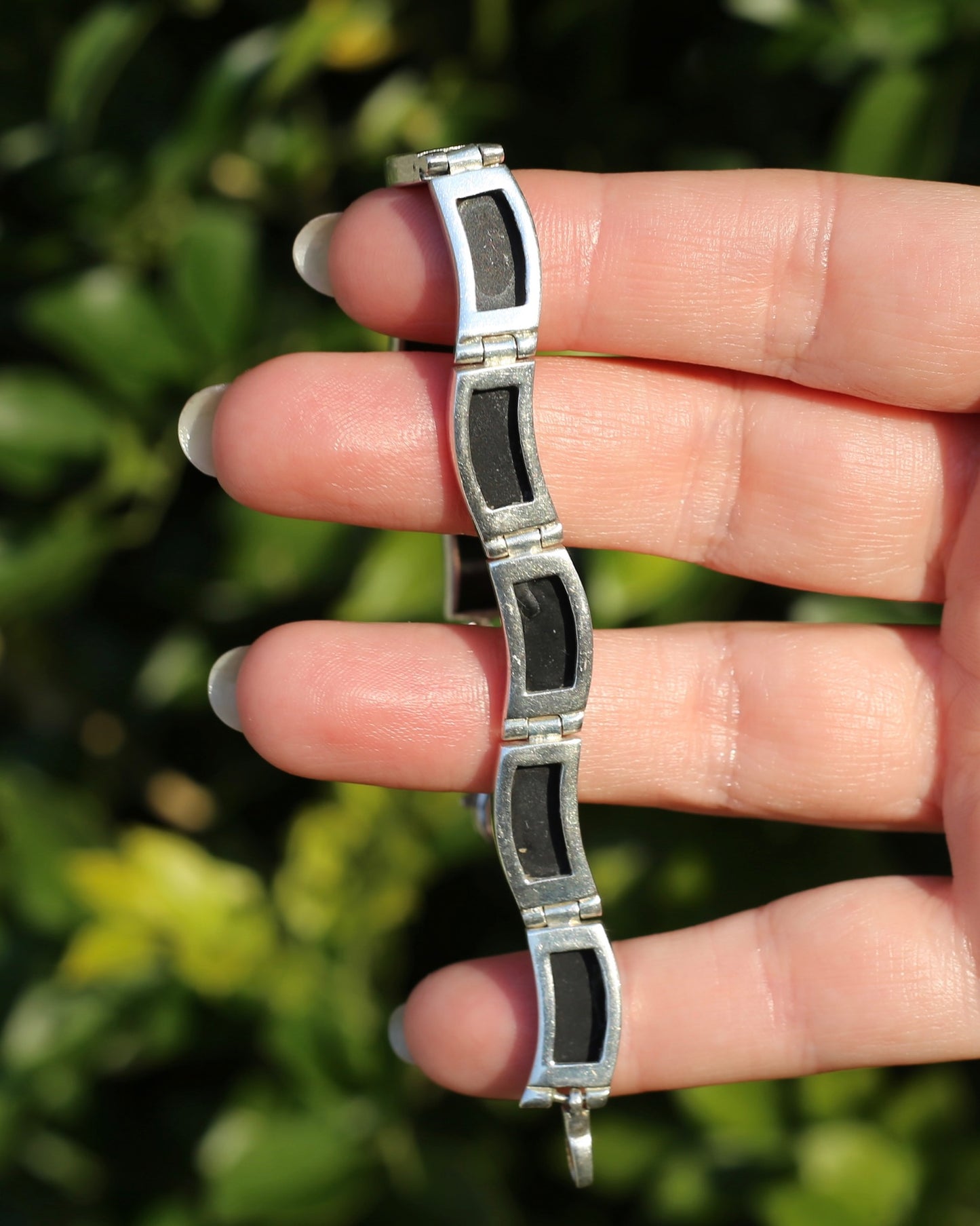 Black Panel Wavey Silver Bracelet, Sterling Silver, 18.3g, 19cm