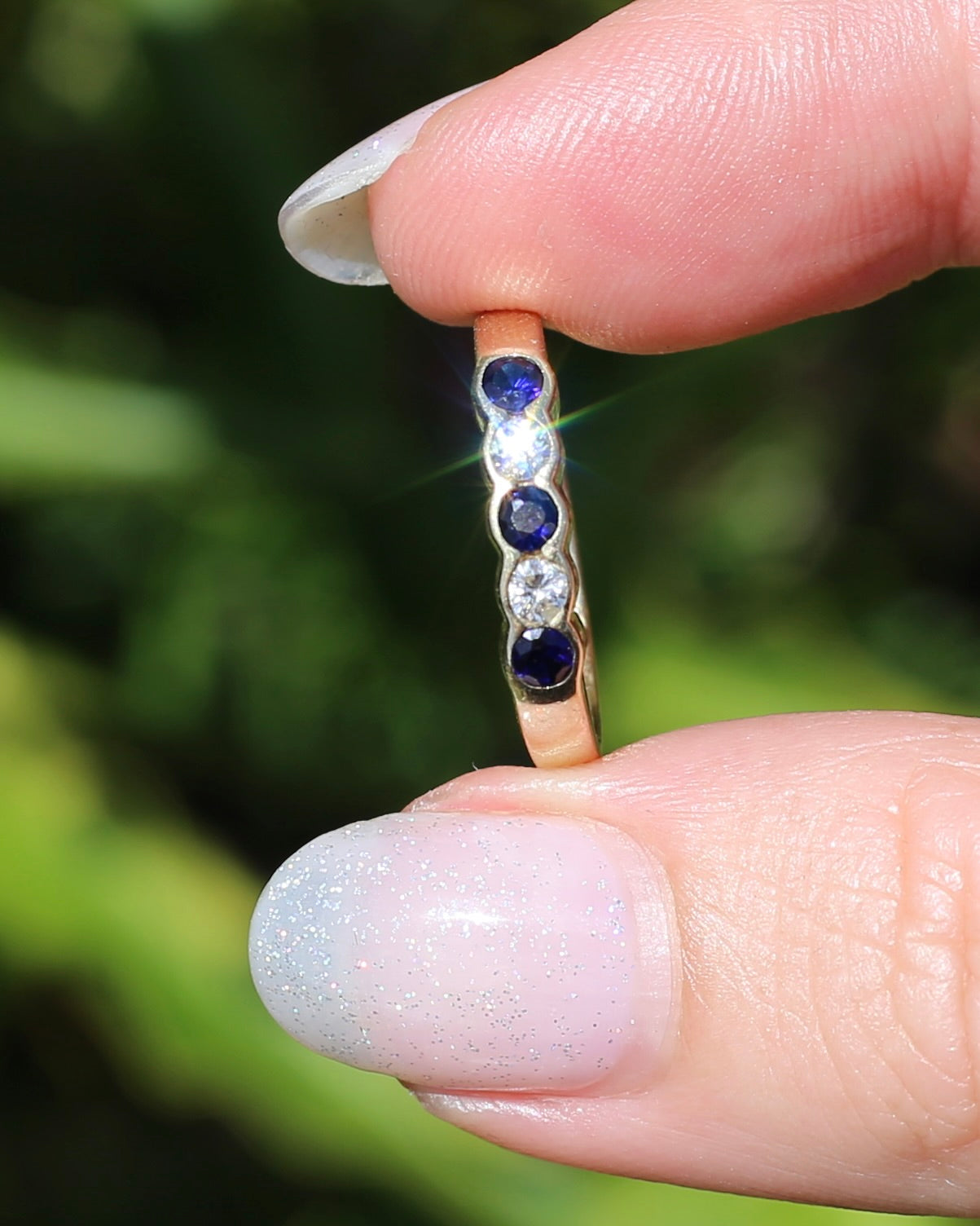 Second Glance - Five Stone Sapphire and Diamond Semi Bezel Ring, 9ct Yellow Gold, approx size N or 6.75 with Arthritis Balls, 2.42g