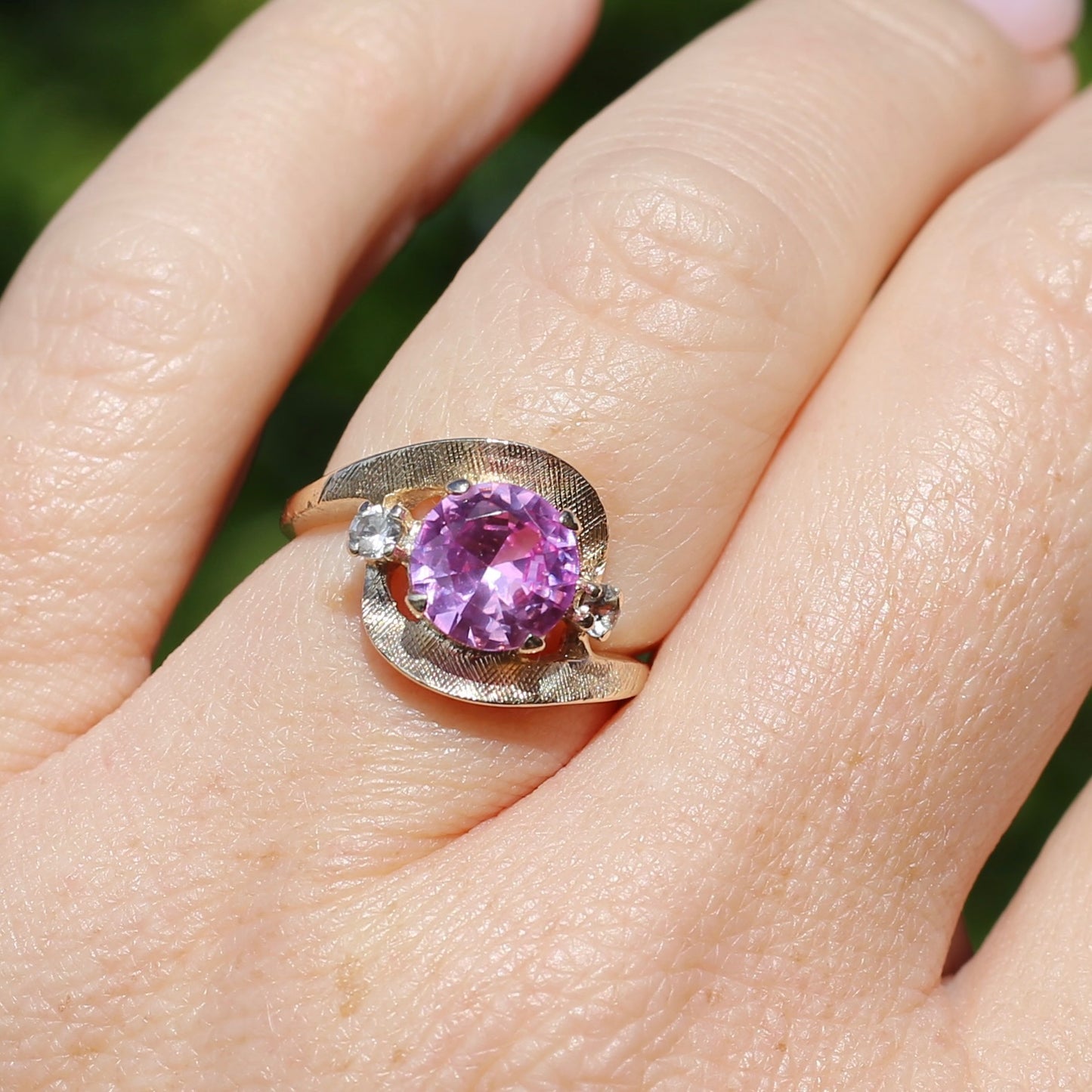 Asymmetric Pink Sapphire and White Spinel Dress Ring, 10ct Yellow Gold, size N or 6.75